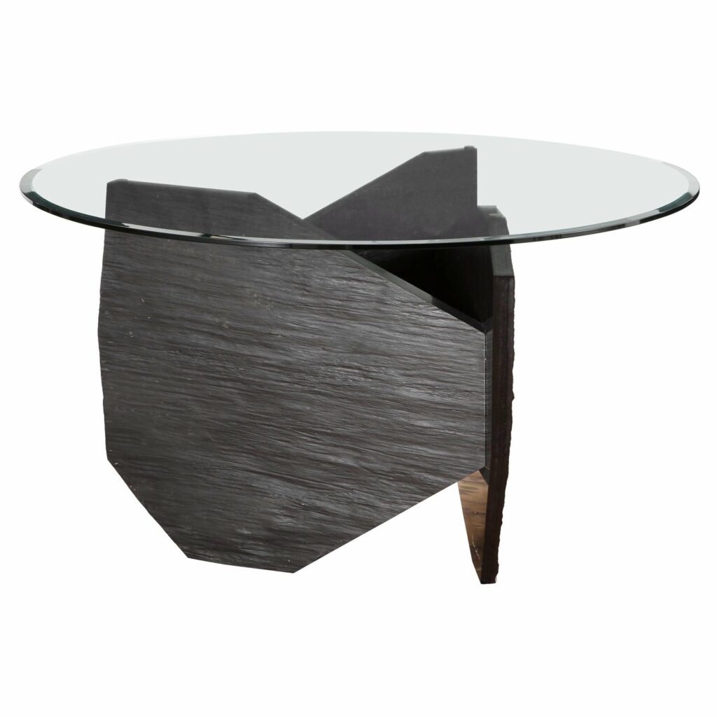 Black Marble Slate Dining Table with Grey Mirror Top Signed by Frederic Saulou 1