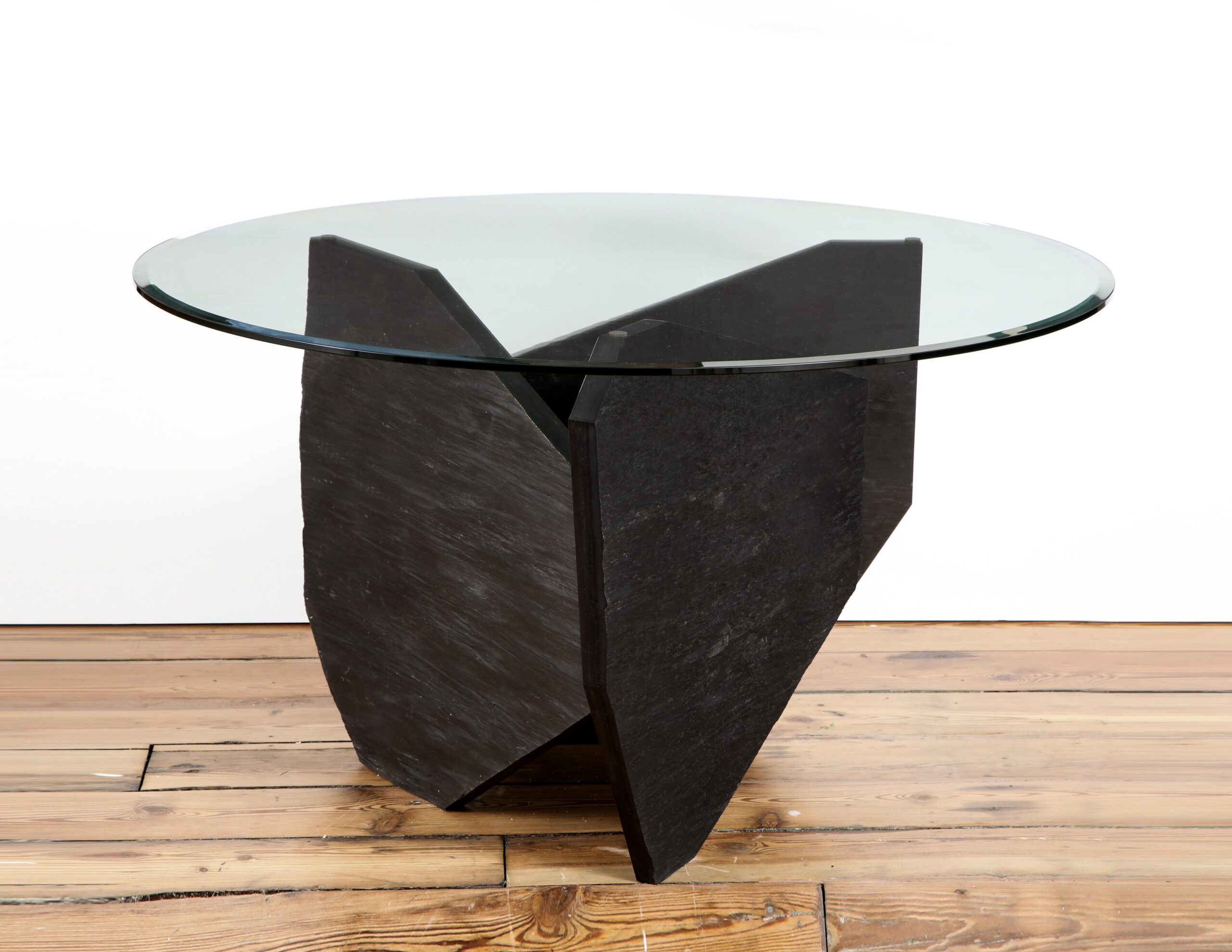 Black Marble Slate Dining Table with Grey Mirror Top Signed by Frederic Saulou 2