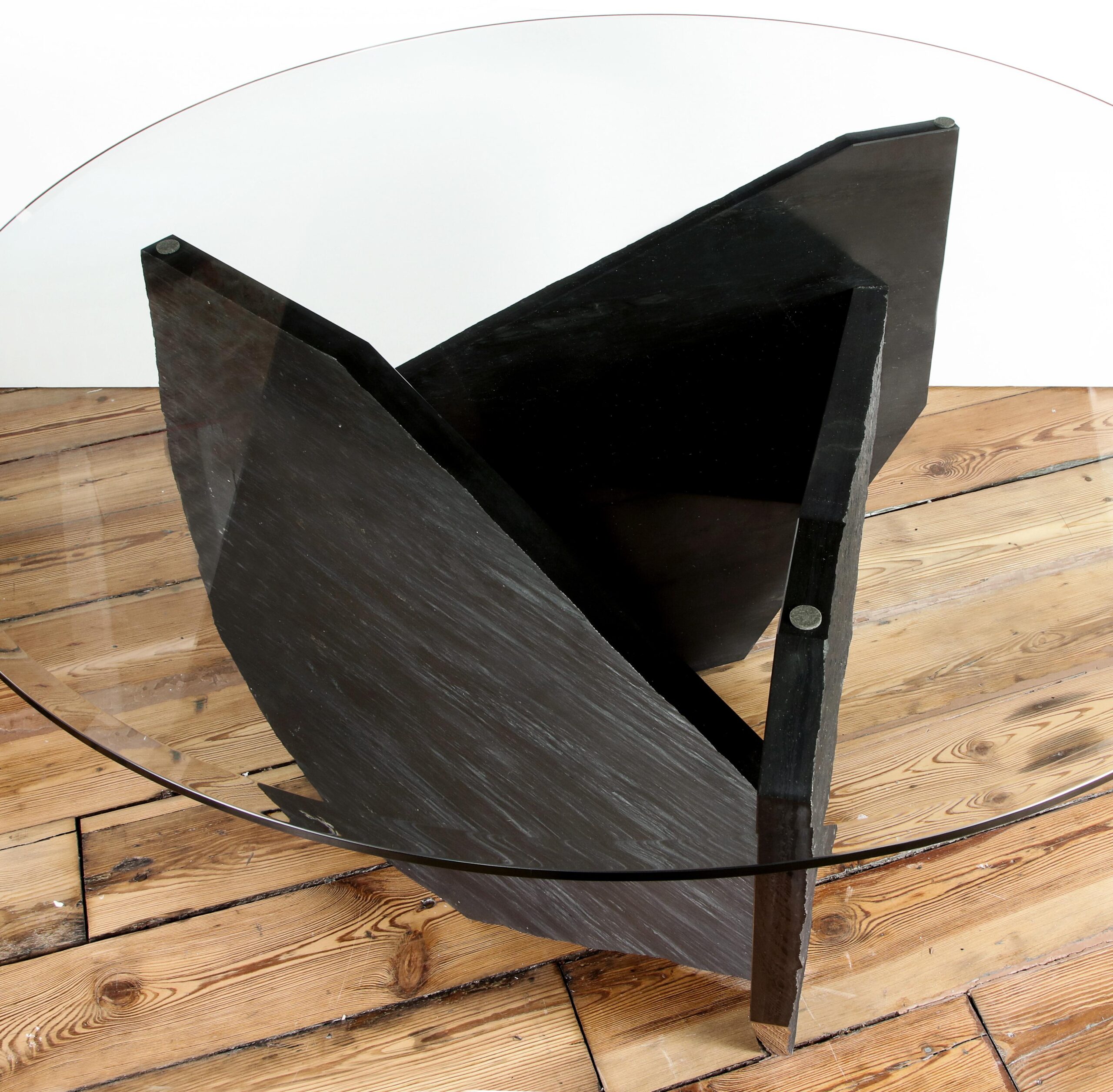 Black Marble Slate Dining Table with Grey Mirror Top Signed by Frederic Saulou 4
