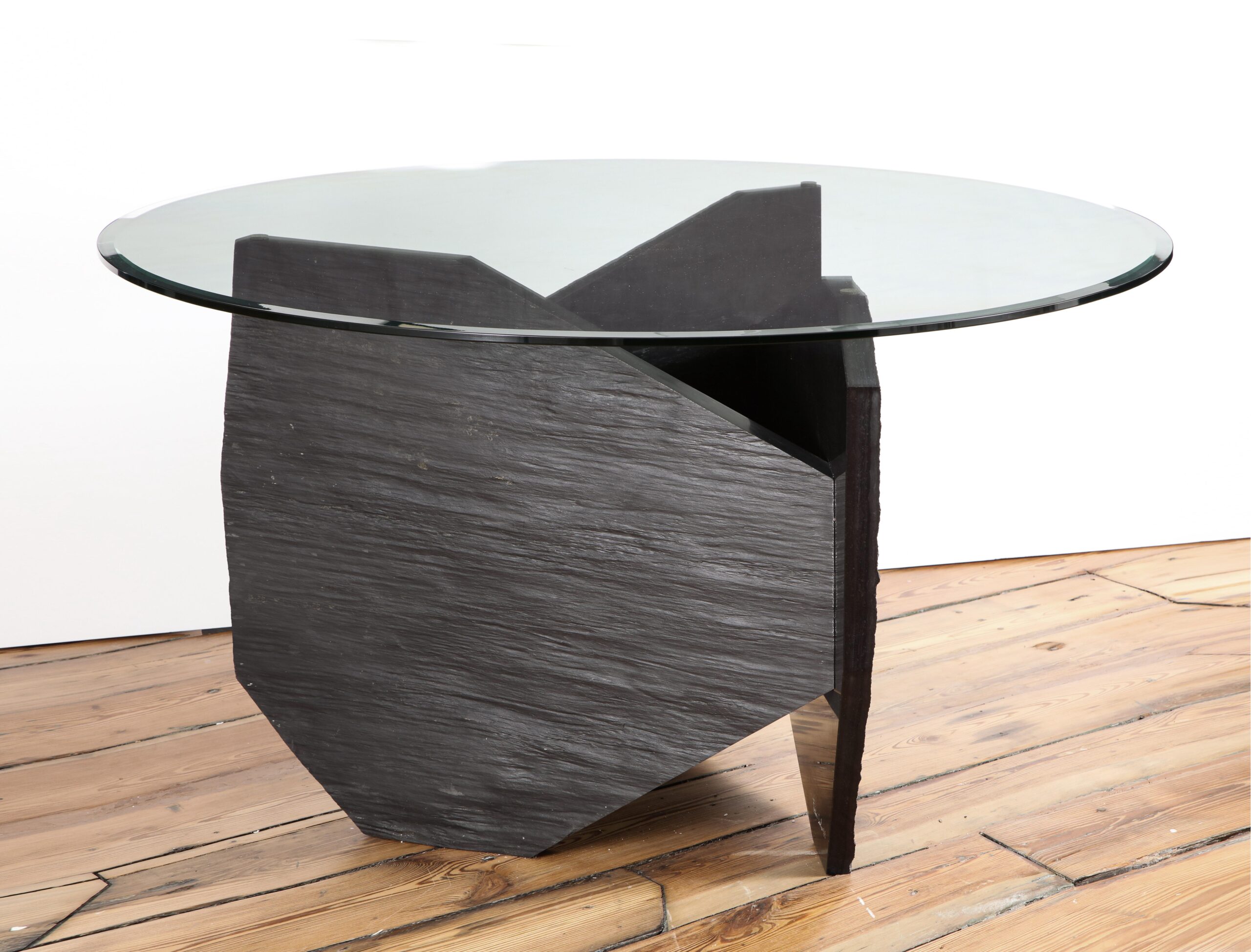 Black Marble Slate Dining Table with Grey Mirror Top Signed by Frederic Saulou 5