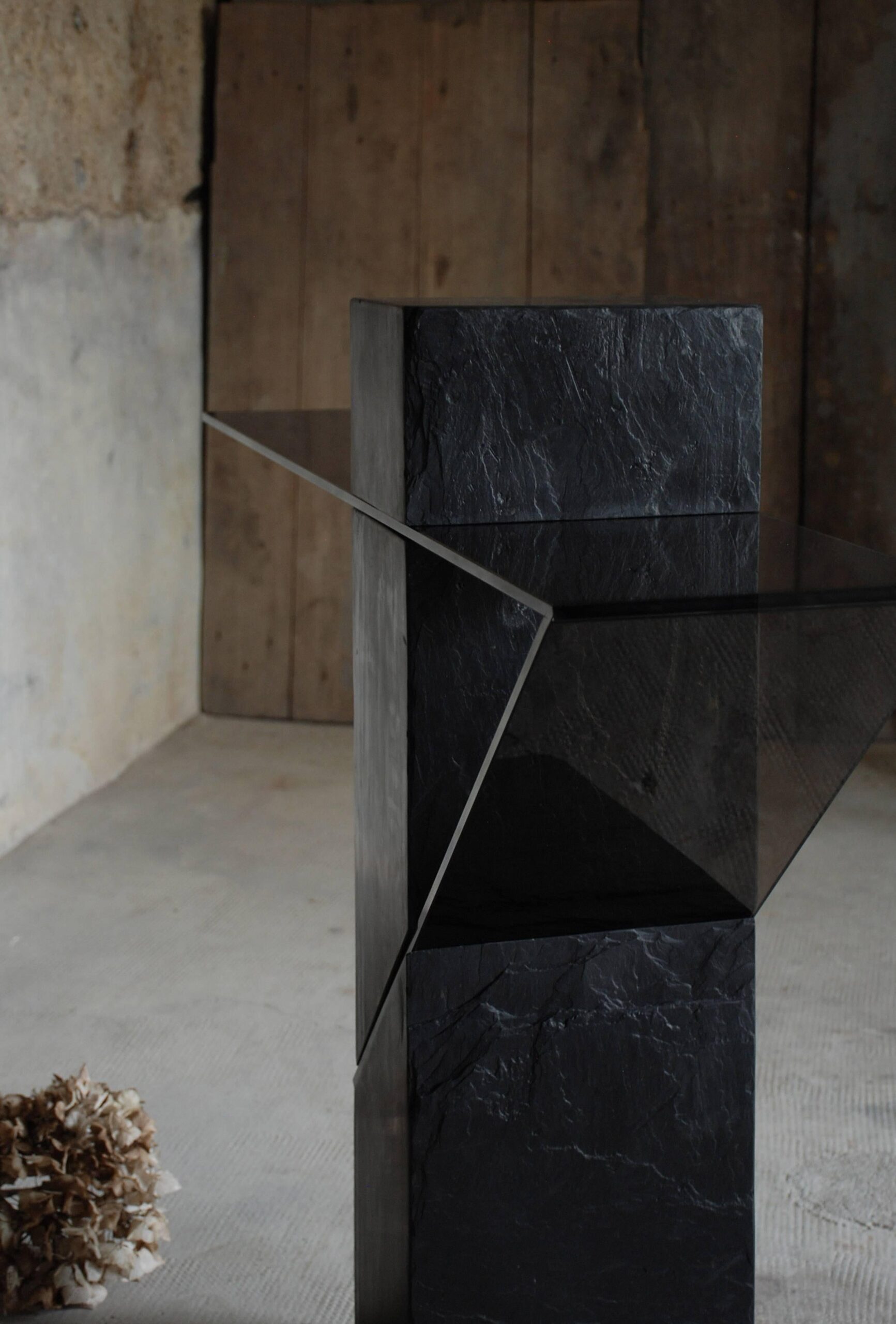 Black Slate Console with Horizontal Smoky Glass Top by Frederic Saulou 3