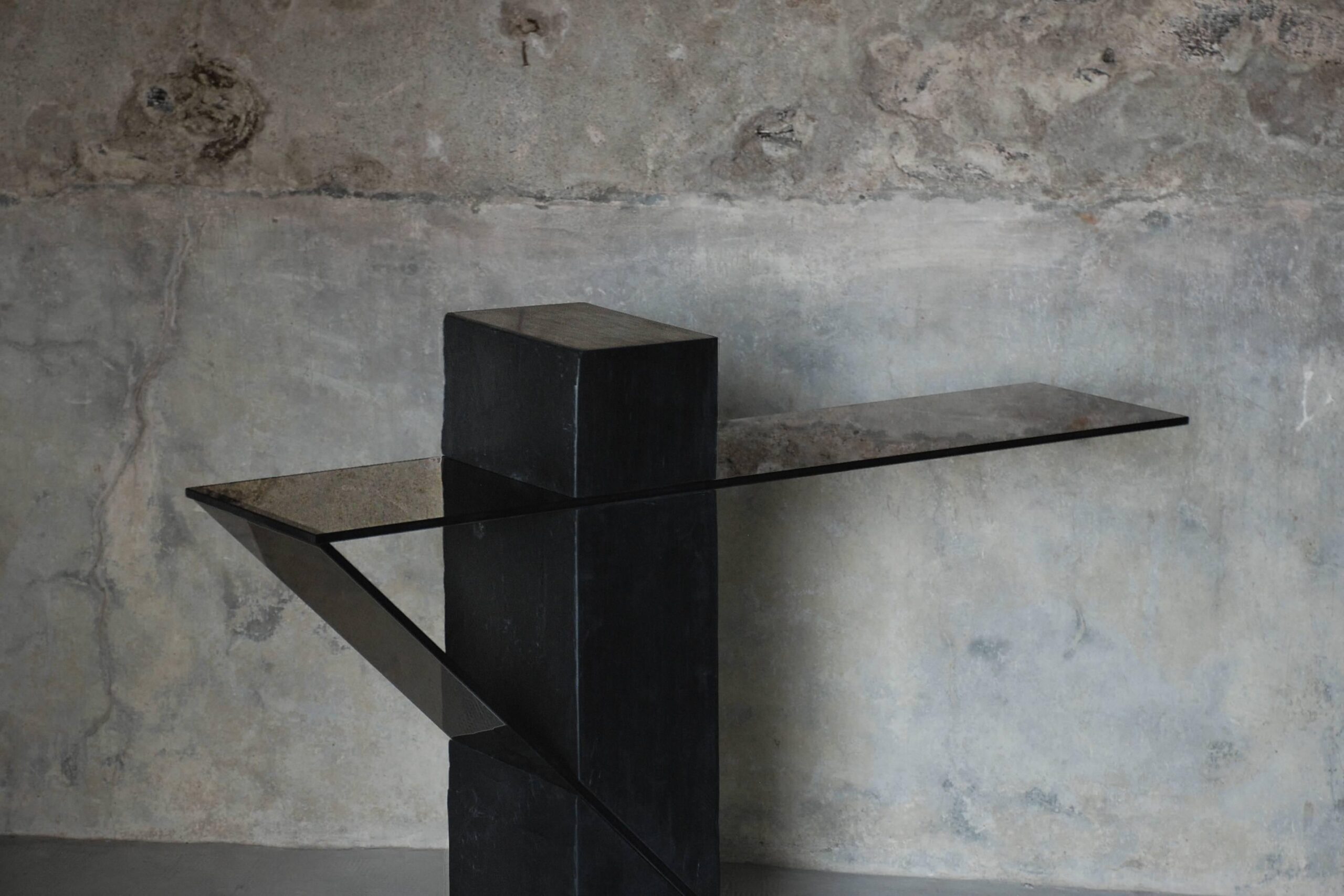 Black Slate Console with Horizontal Smoky Glass Top by Frederic Saulou 4