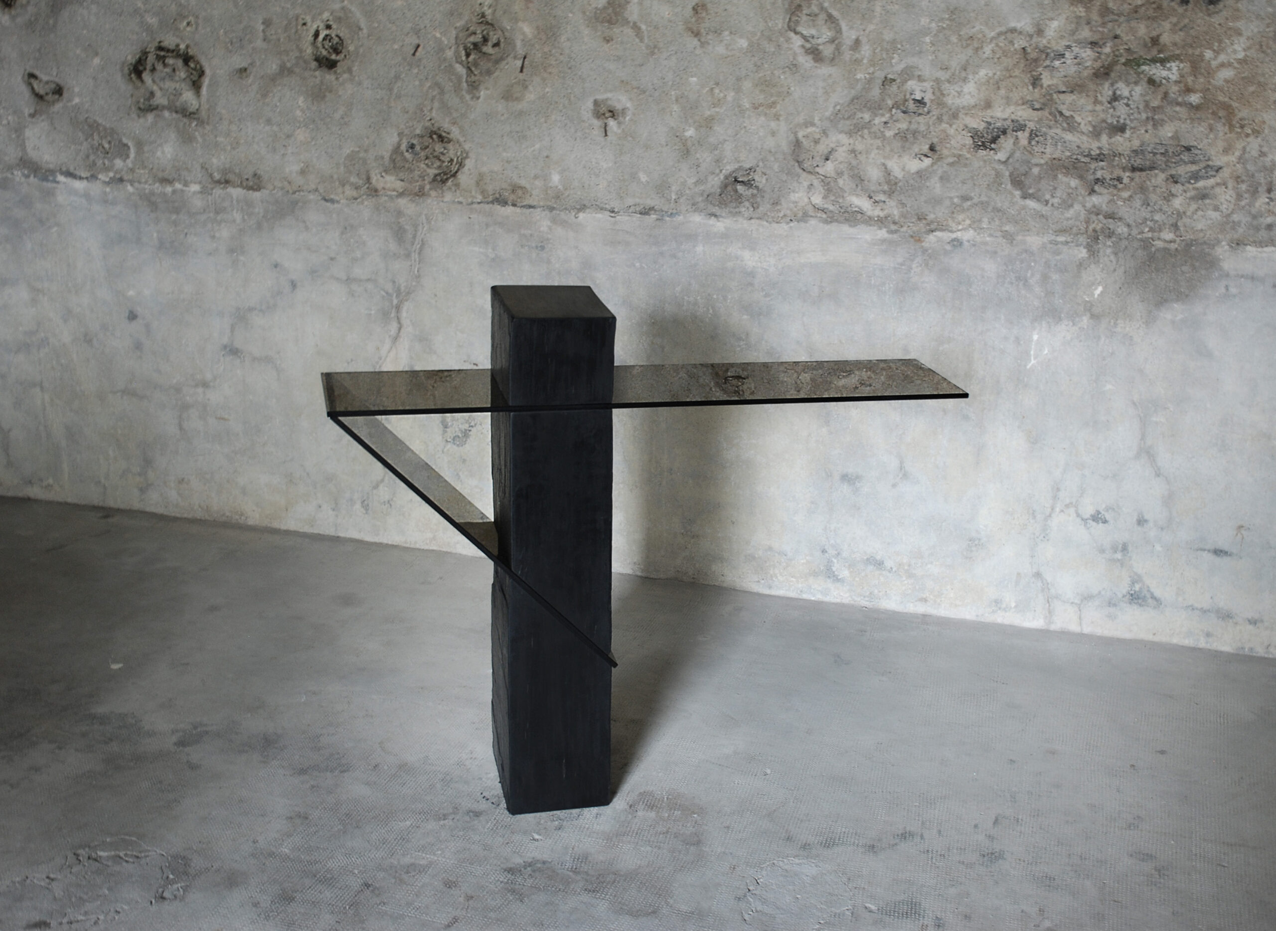 Black Slate Console with Horizontal Smoky Glass Top by Frederic Saulou 6