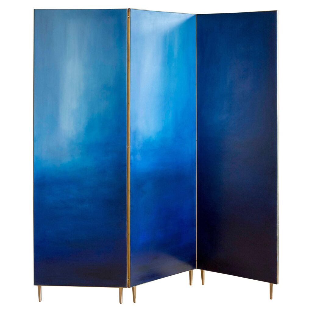 Blue Hand Painted Screen with Sculptural Brass Frame by Jan Garncarek 1