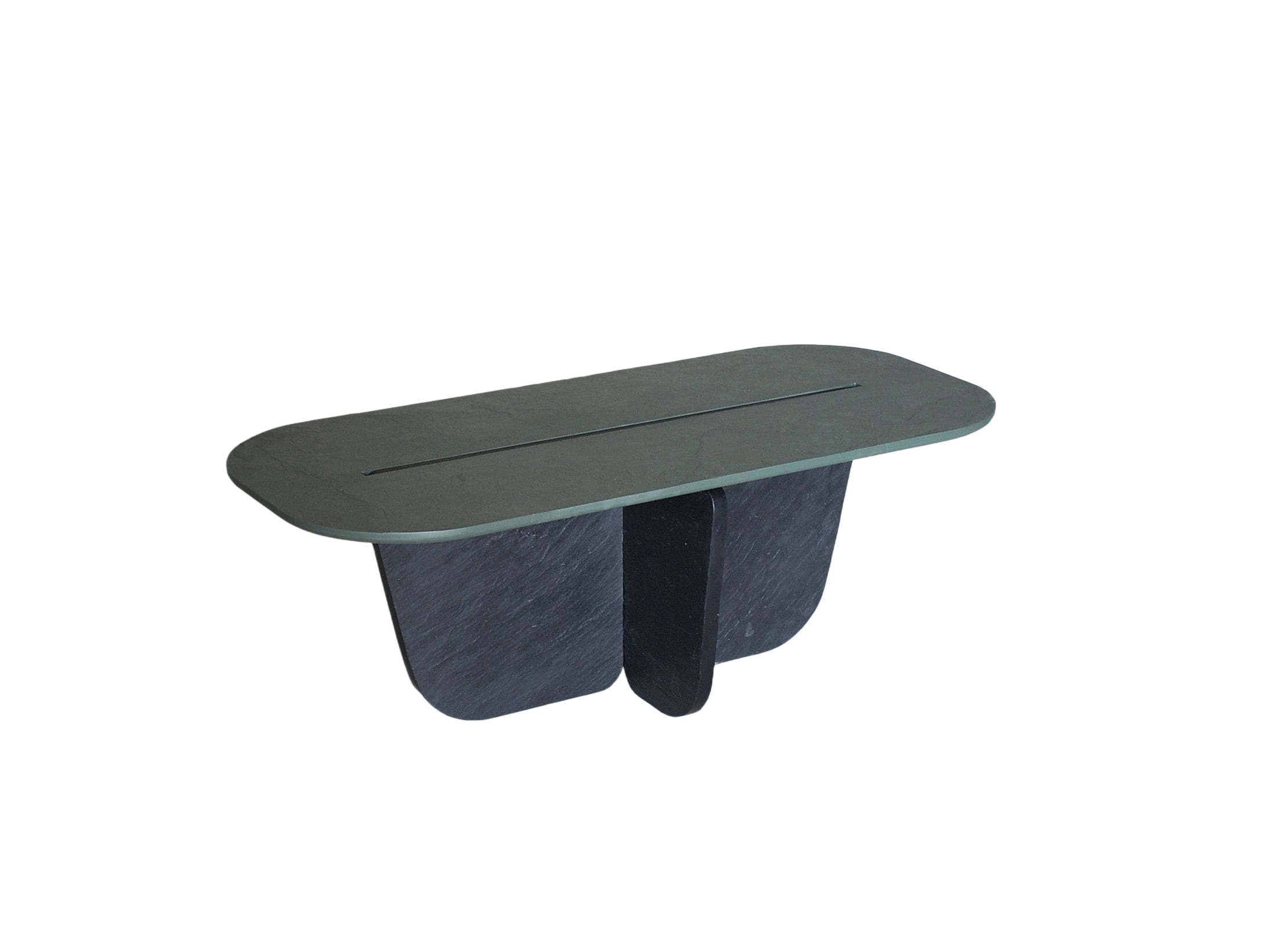 Central Groove Rounded Rectangular Green Black Coffee Table by Frederic Saulou 1