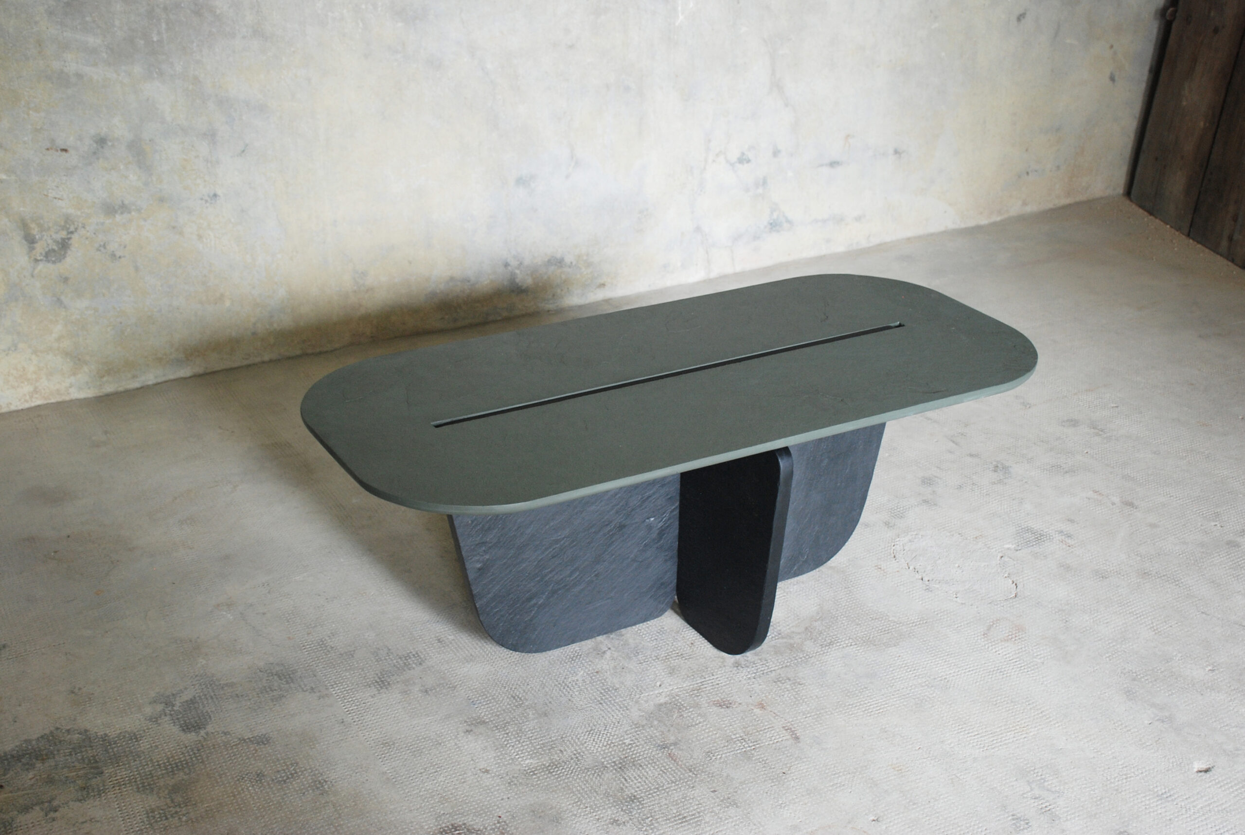 Central Groove Rounded Rectangular Green Black Coffee Table by Frederic Saulou 4