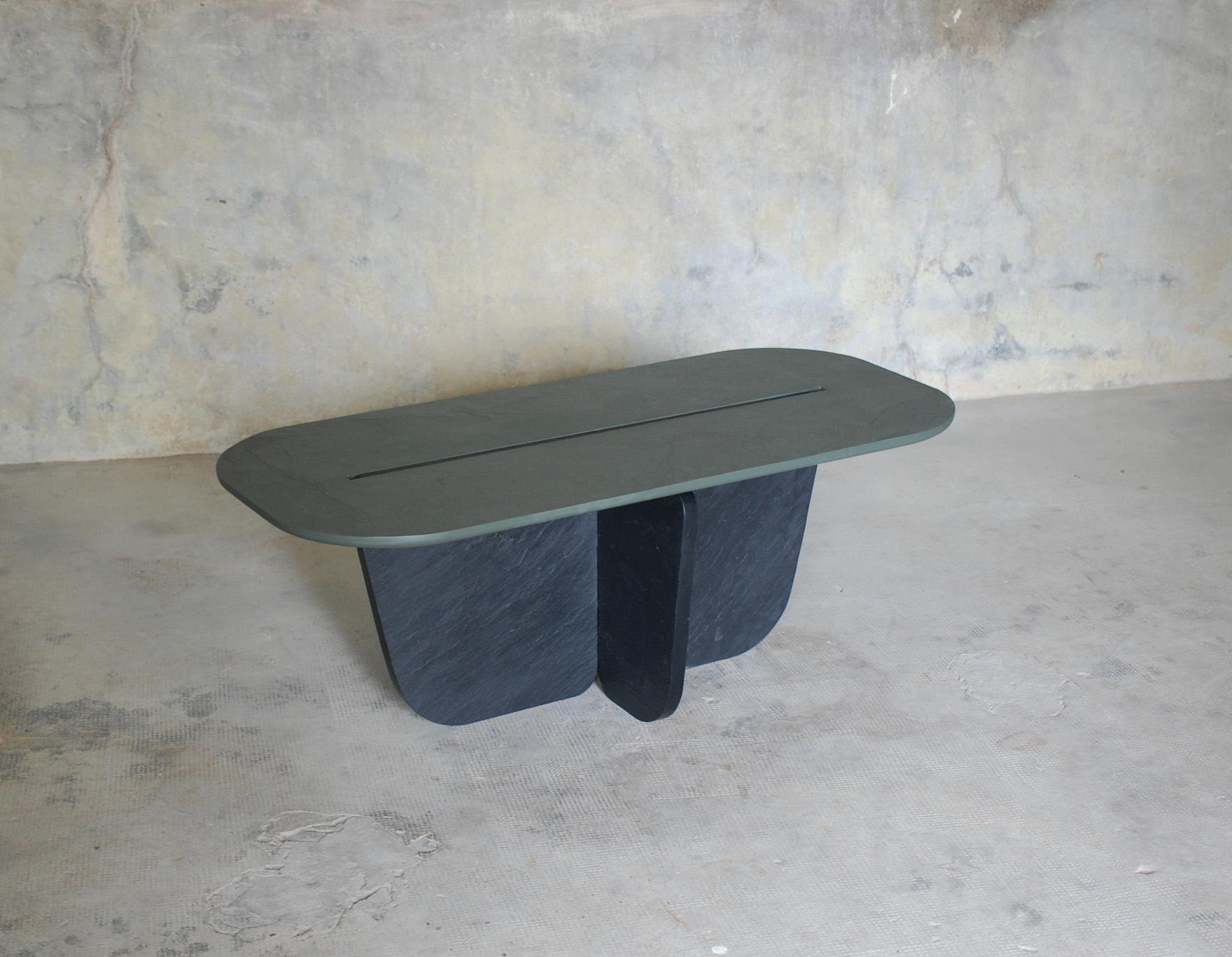 Central Groove Rounded Rectangular Green Black Coffee Table by Frederic Saulou 8