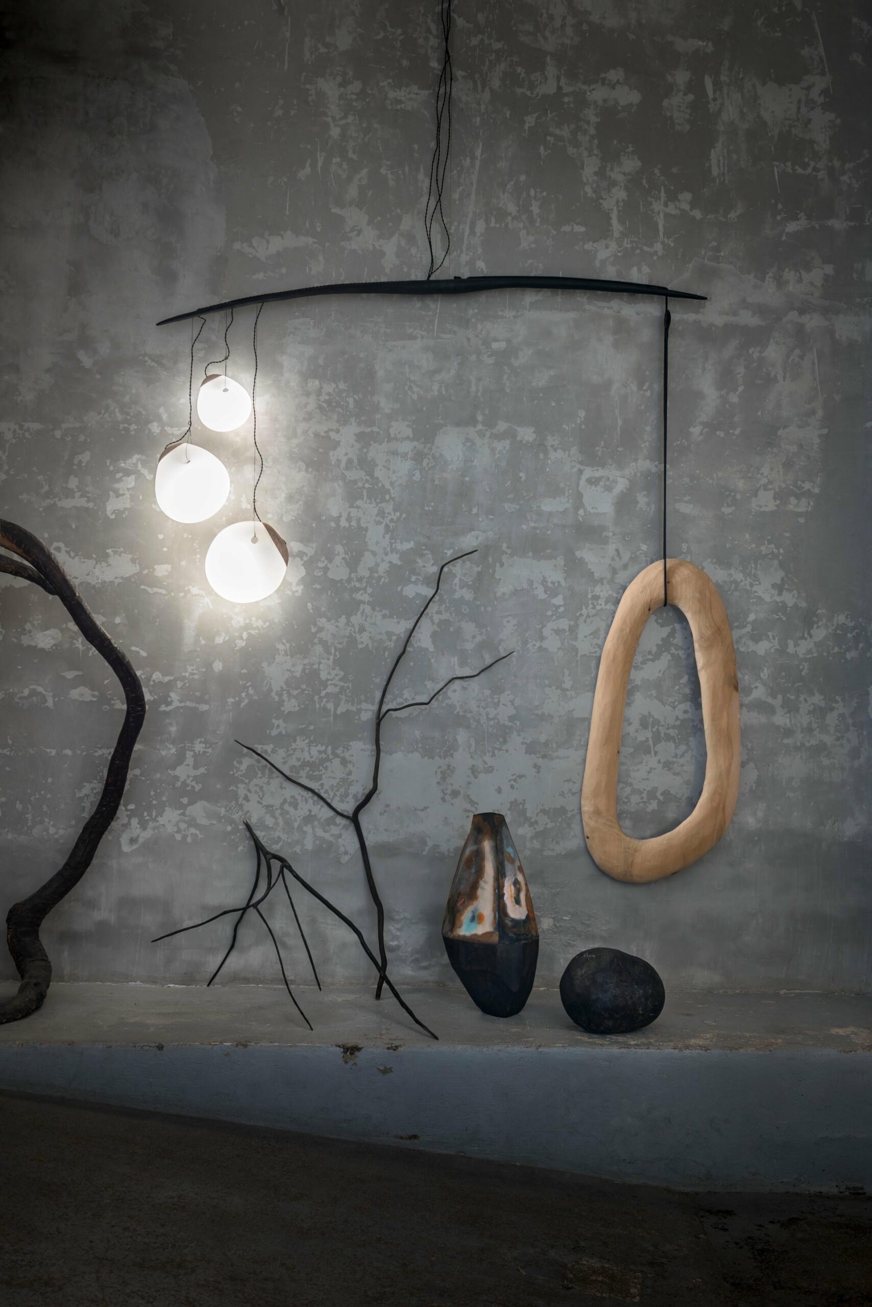Curved Arch and Suspended Spheres Contemporary Wood Pendant by Jrme Pereira 2