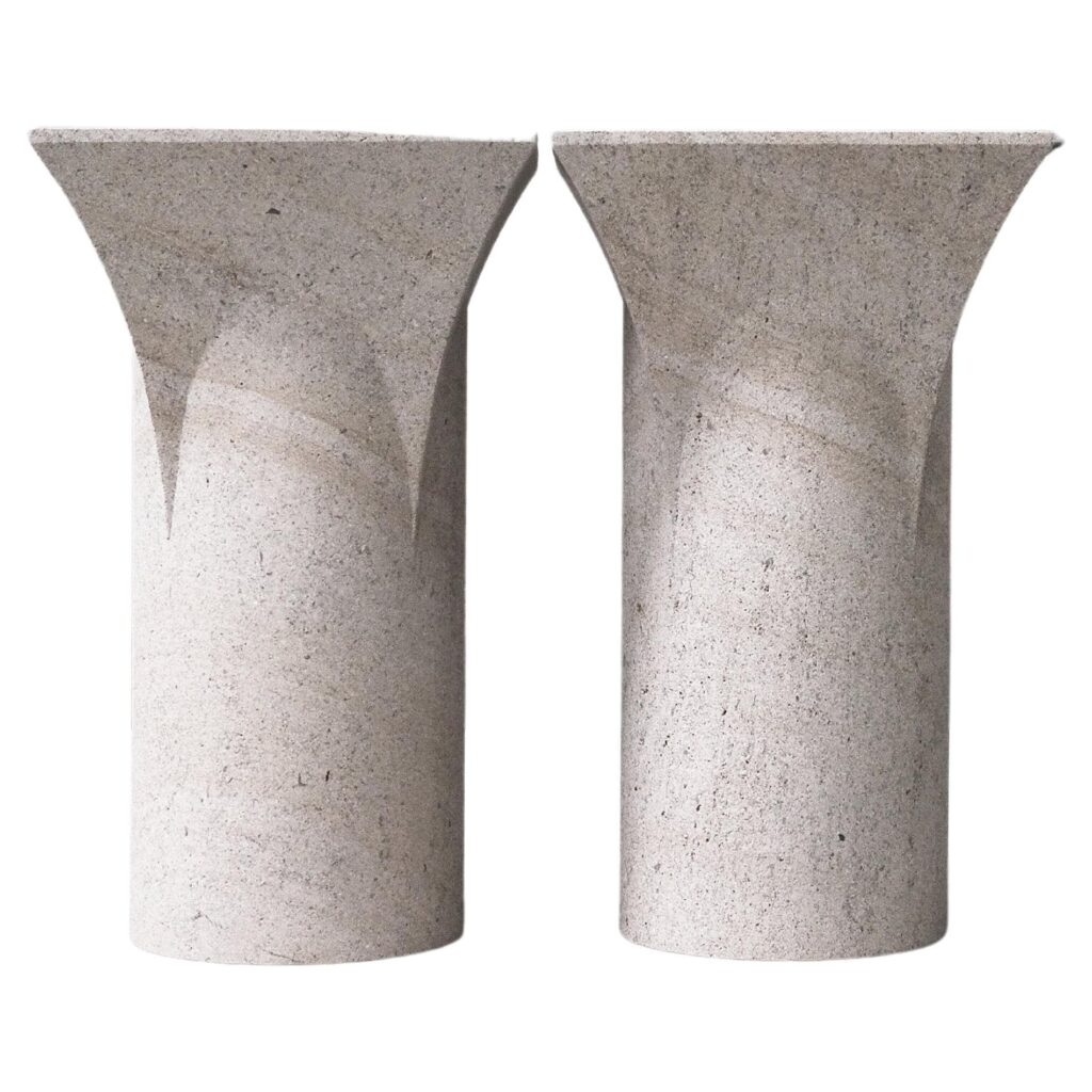 Cylindrical Base FLat Top Natural White Stone Side Tables Frederic Saulou