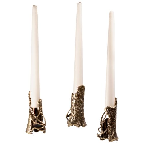 Ensemble of Hand Sculpted Flame Shaped Brass Candleholders by Samuel Costantini 1