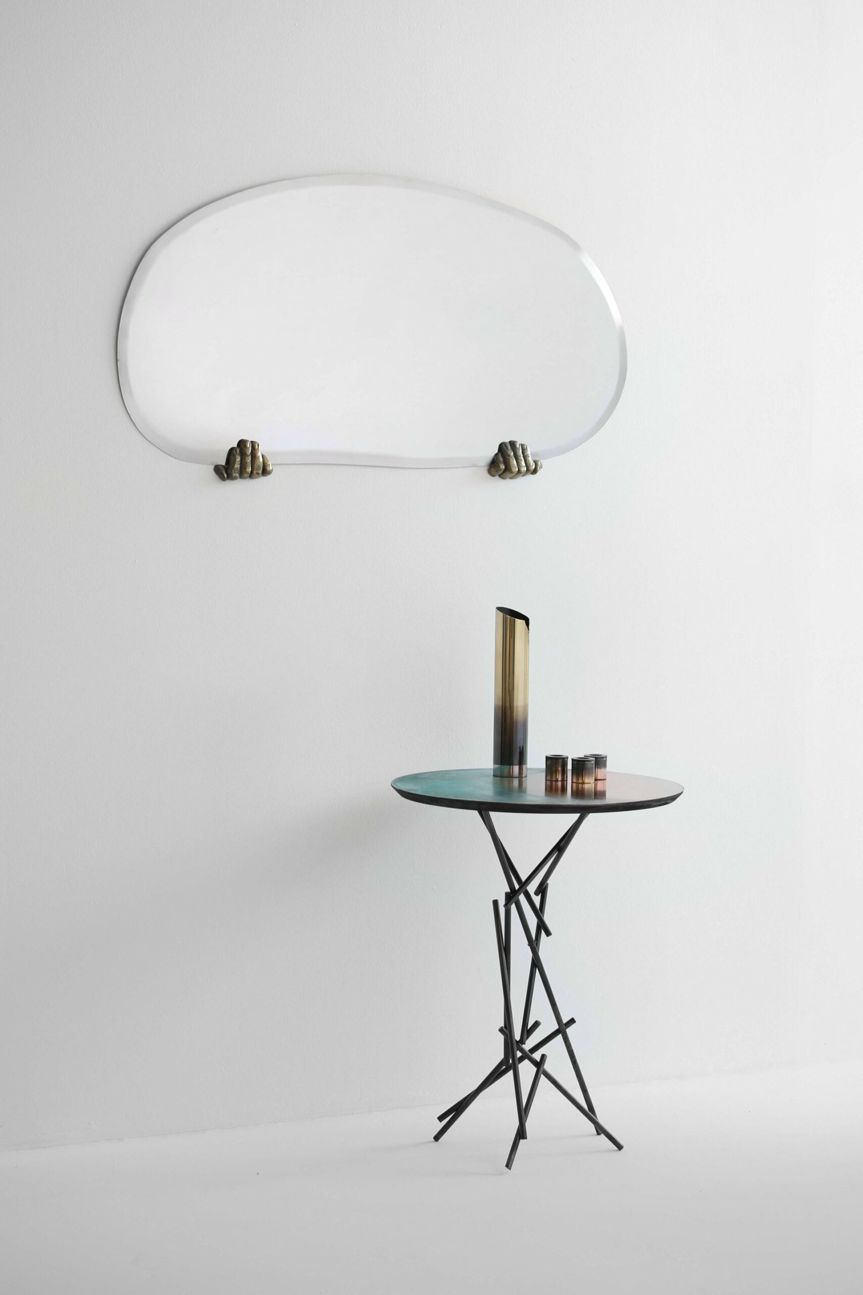 Gold Brass Handle Hand Sculpted Oval Contemporary Mirror by Samuel Costantini 7