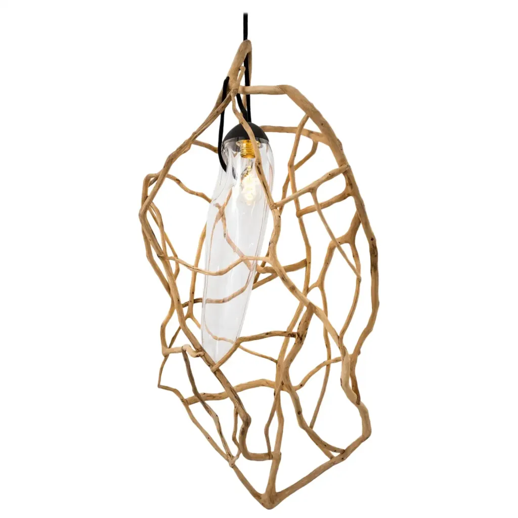 Organic Woven Cage Natural Wood & Glass Sculpted Pendant Light 1