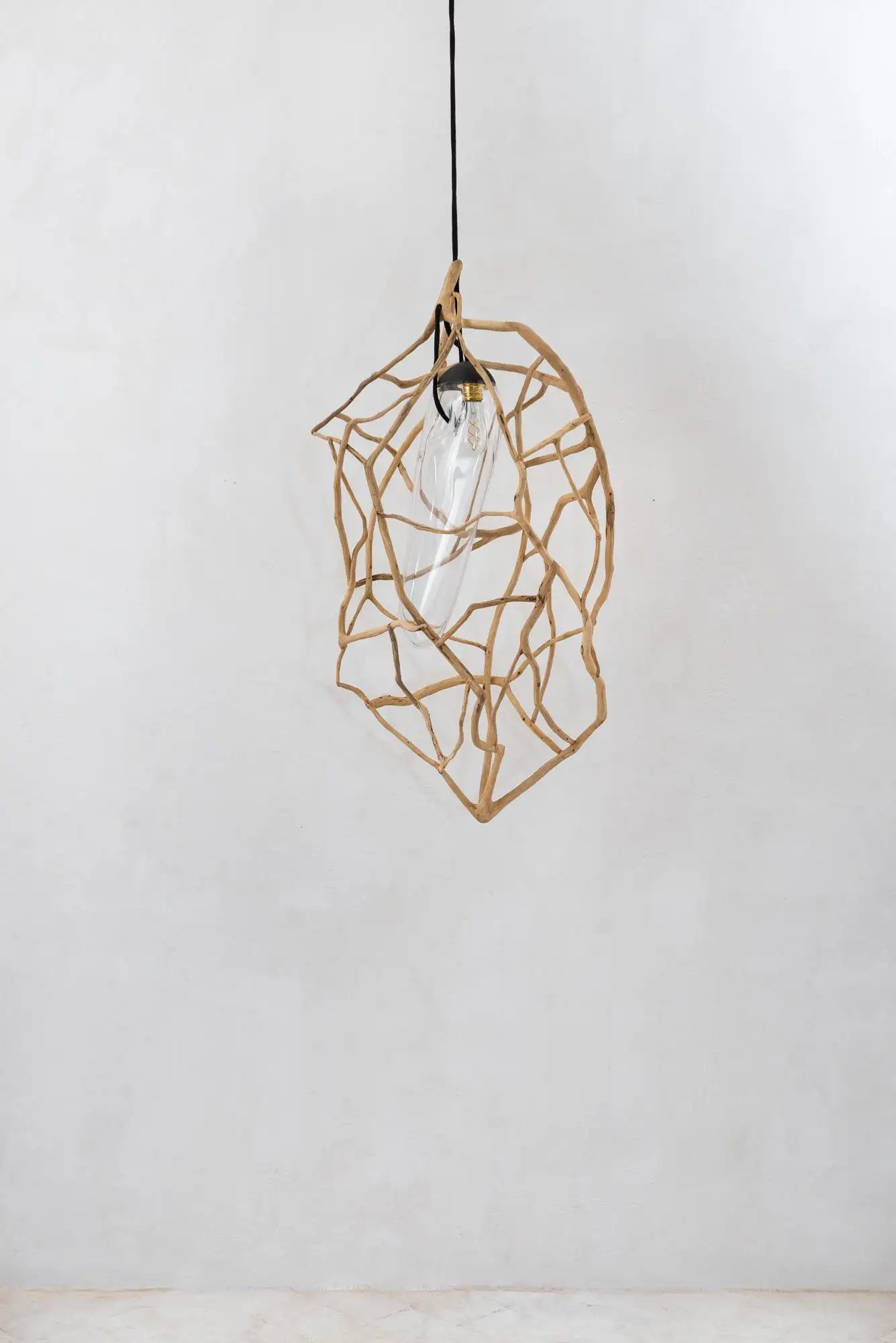Organic Woven Cage Natural Wood & Glass Sculpted Pendant Light 2