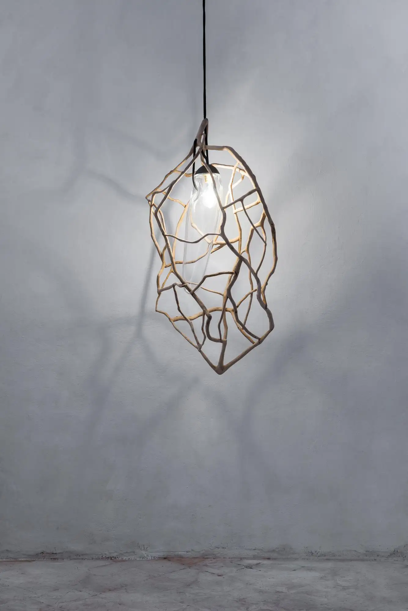 Organic Woven Cage Natural Wood & Glass Sculpted Pendant Light 3