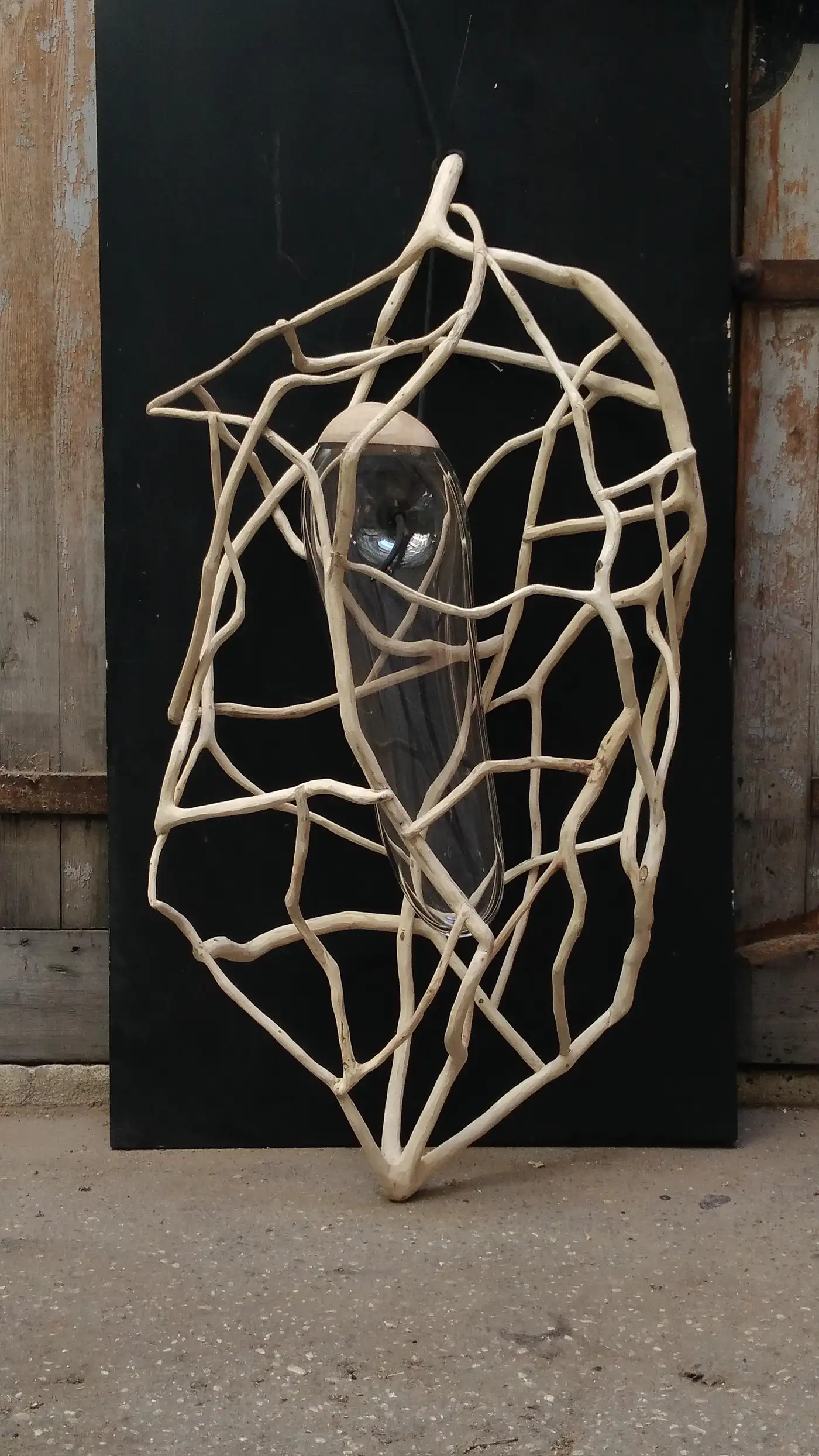 Organic Woven Cage Natural Wood & Glass Sculpted Pendant Light 4