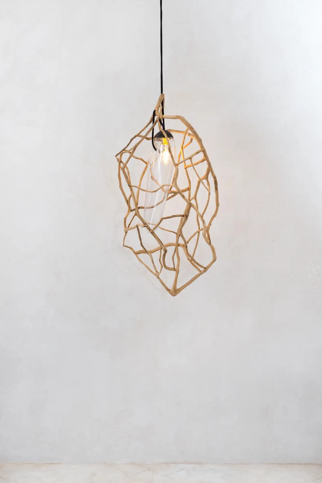Organic Woven Cage Natural Wood & Glass Sculpted Pendant Light 7