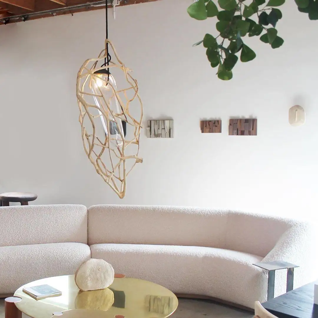 Organic Woven Cage Natural Wood & Glass Sculpted Pendant Light 8