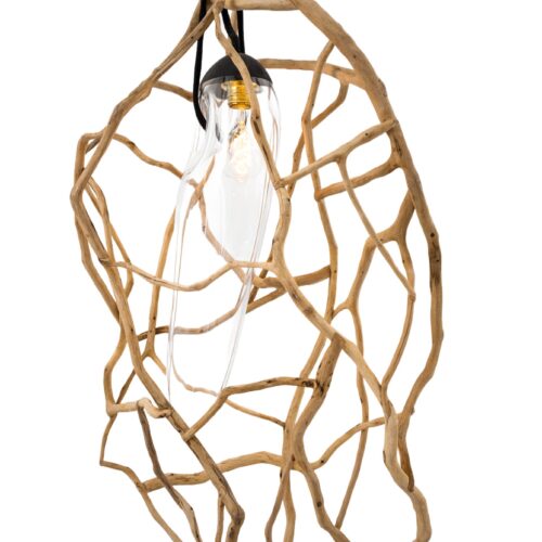 Organic Woven Cage Natural Wood & Glass Sculpted Pendant Light by Jรฉrรดme Pereira 1 2