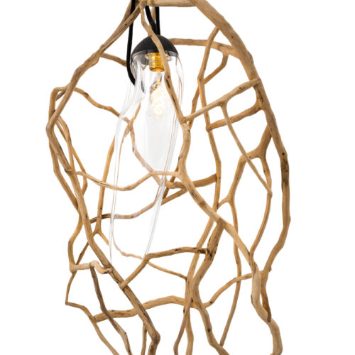Organic Woven Cage Natural Wood & Glass Sculpted Pendant Light by Jรฉrรดme Pereira 1
