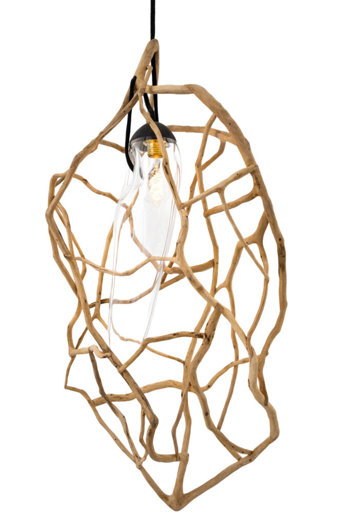 Organic Woven Cage Natural Wood & Glass Sculpted Pendant Light by Jérôme Pereira 1