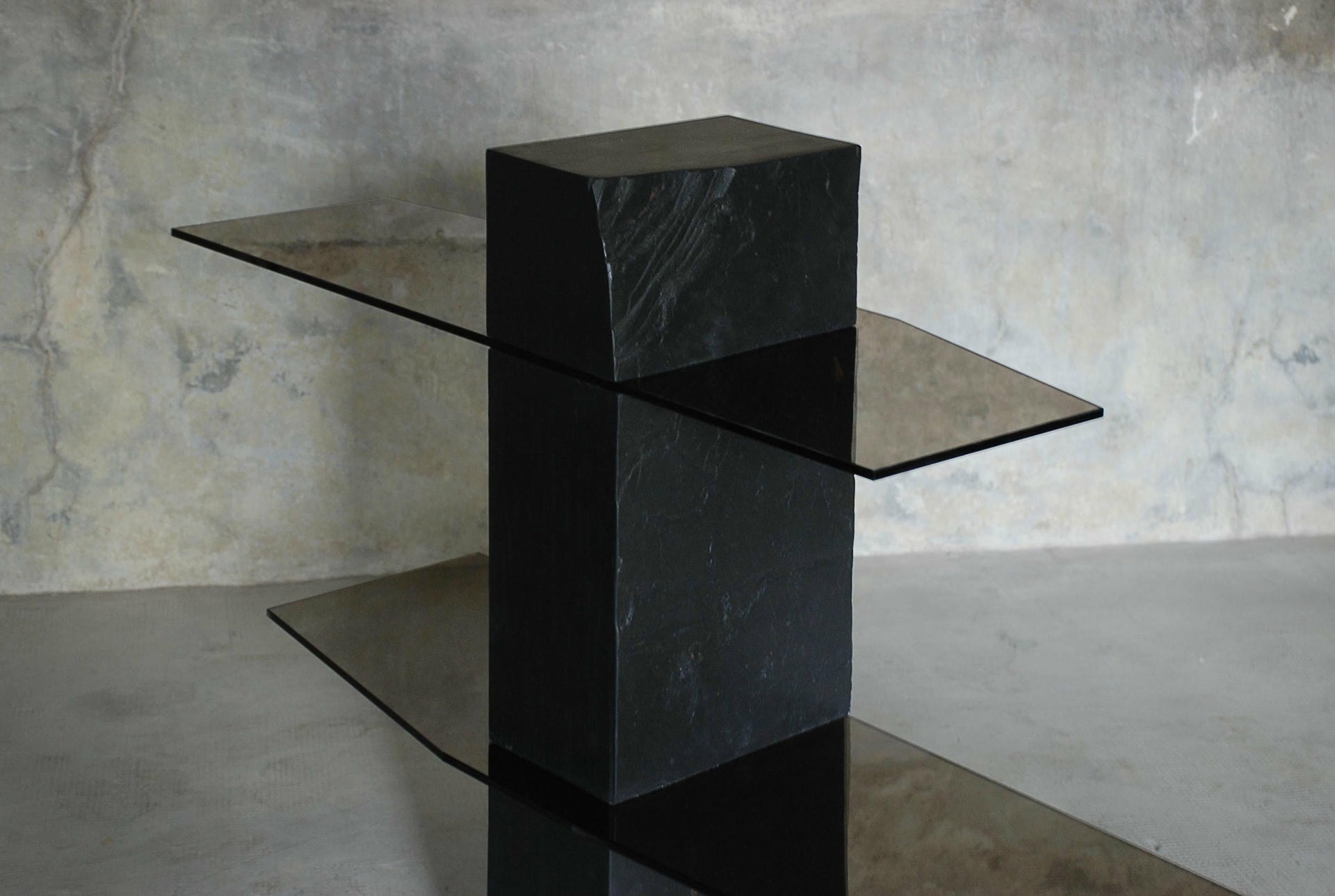Rough Black Rectangular Block Console Shelf Sculpted by Frederic Saulou 3