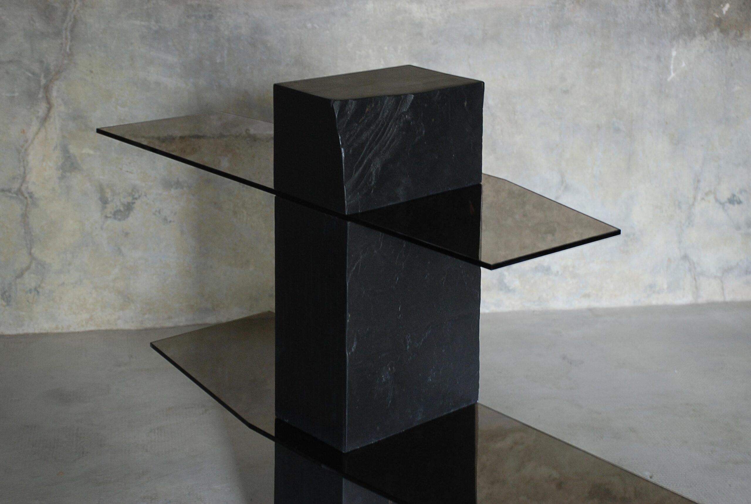 Rough Black Rectangular Block Console Shelf Sculpted by Frederic Saulou 3