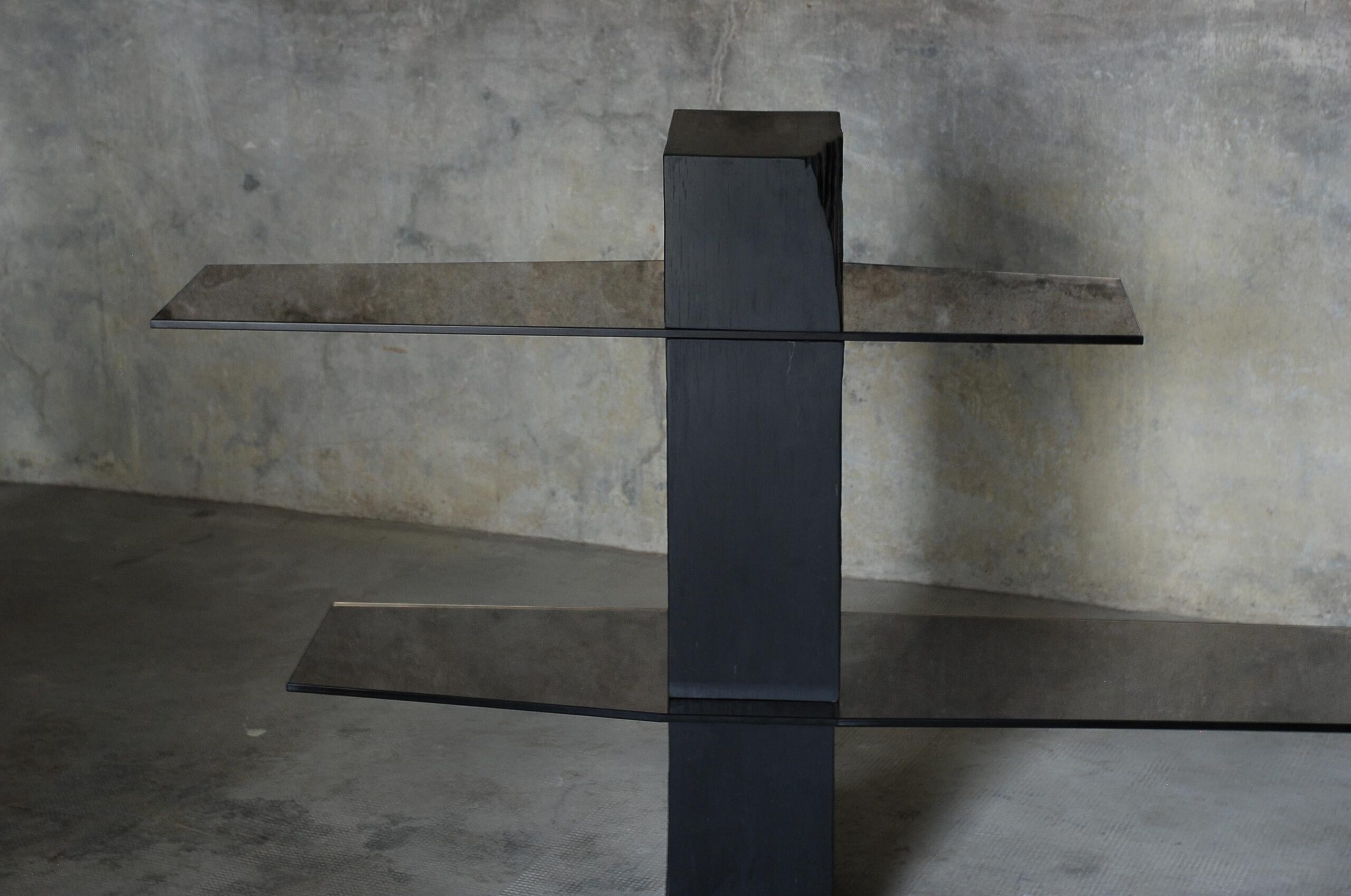 Rough Black Rectangular Block Console Shelf Sculpted by Frederic Saulou 4