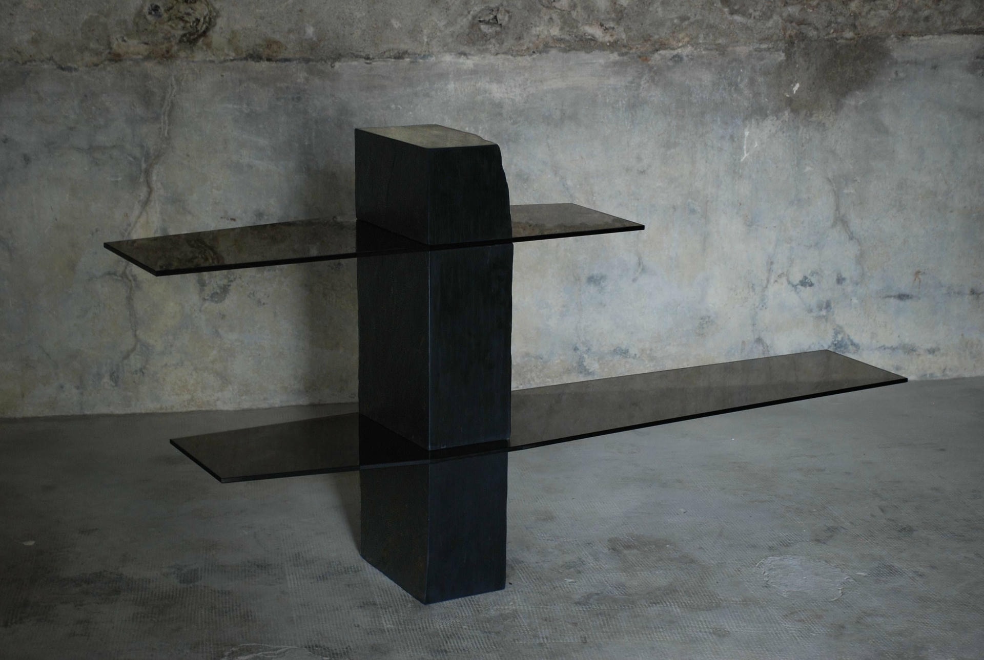 Rough Black Rectangular Block Console Shelf Sculpted by Frederic Saulou 5