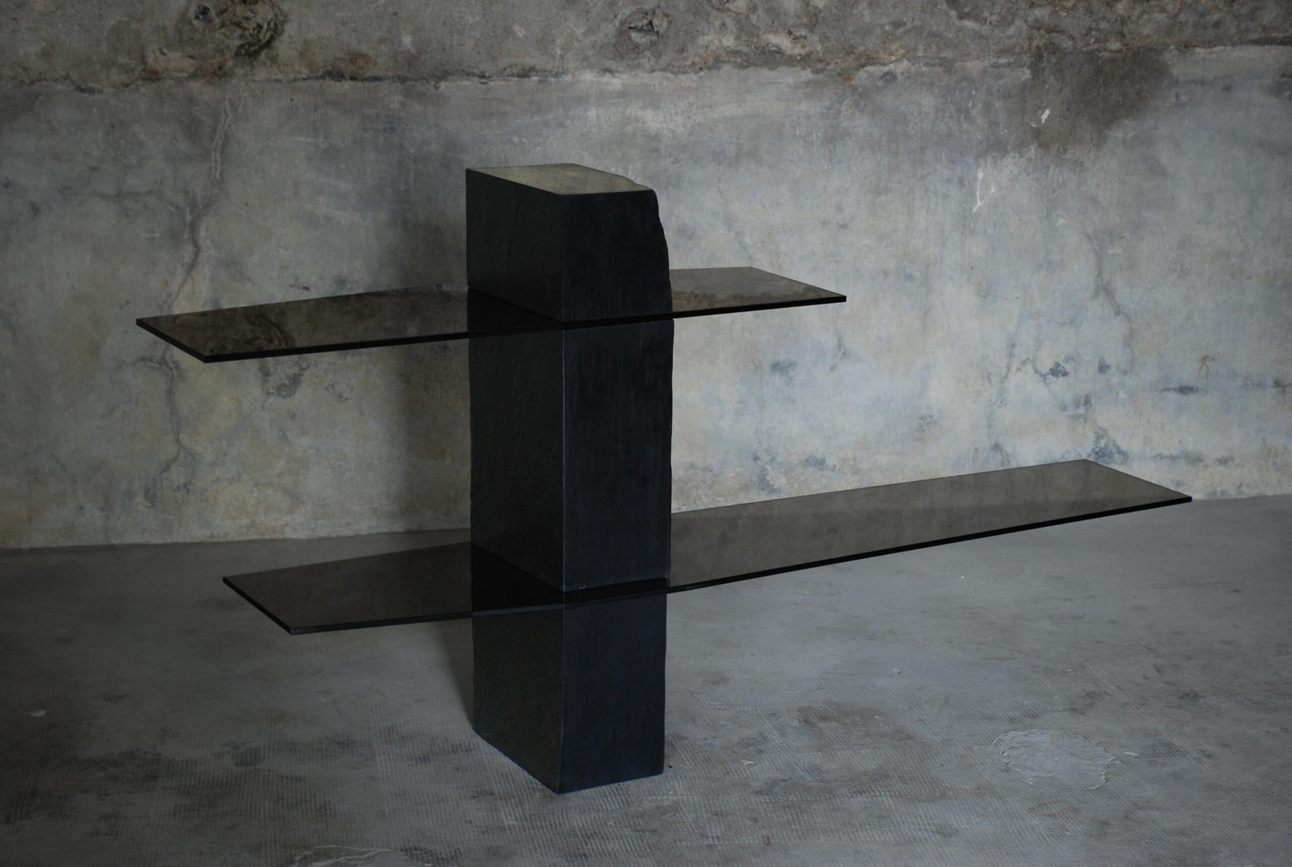 Rough Black Rectangular Block Console Shelf Sculpted by Frederic Saulou 5