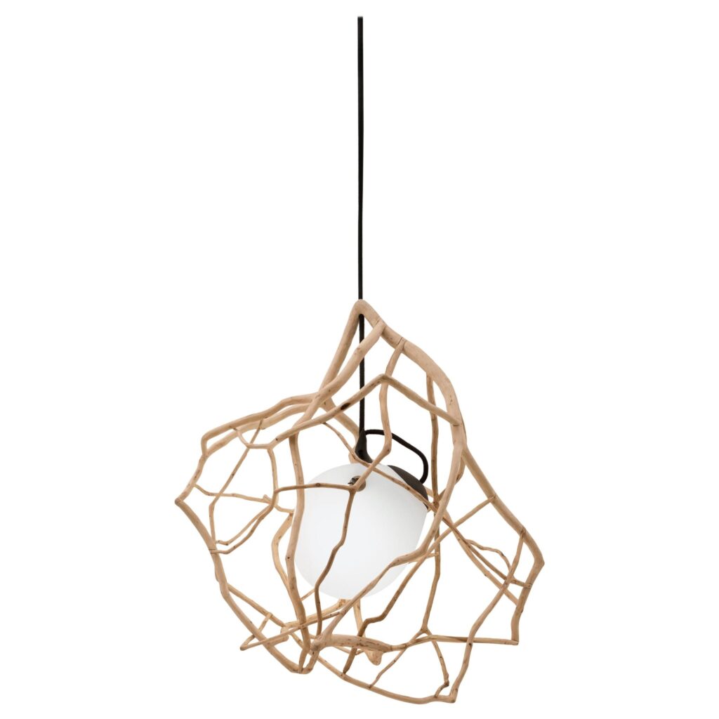 Spherical Cage Sculpted Pendant Light with Wood and Glass by Jrme Pereira 1