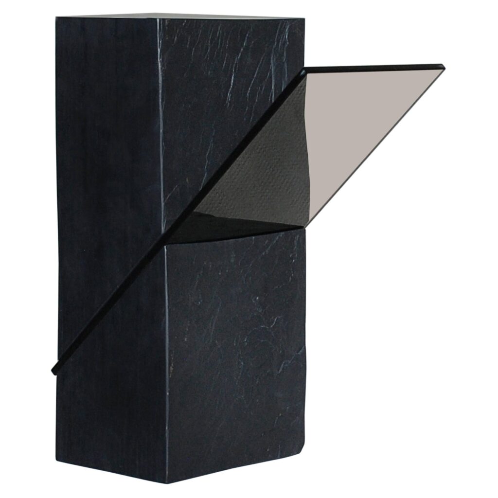 Three dimensional Black Slate Gueridon with Grey Glass Plane by Frederic Saulou 1