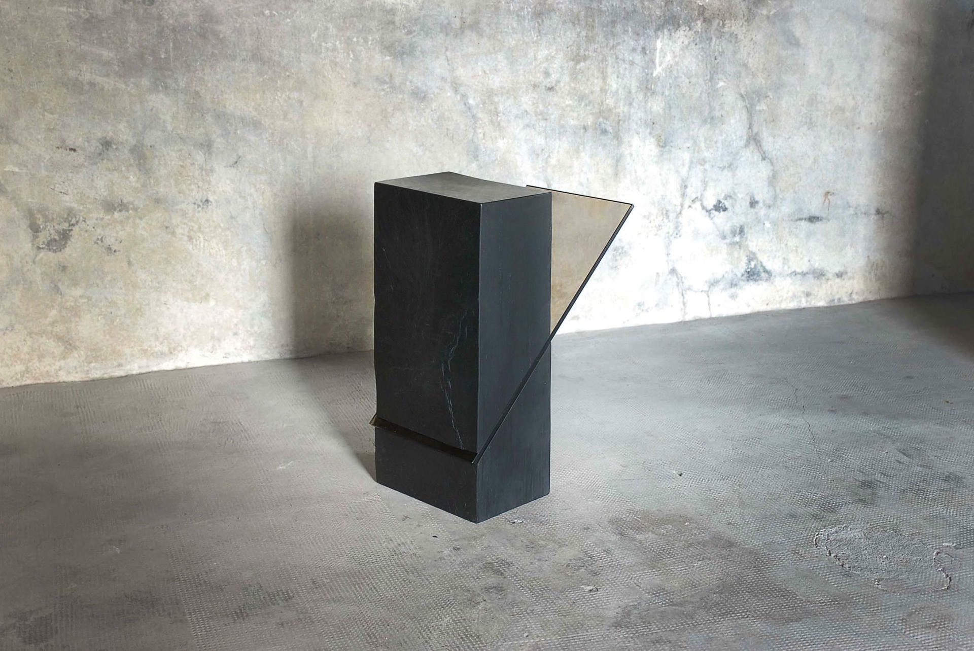 Three dimensional Black Slate Gueridon with Grey Glass Plane by Frederic Saulou 2