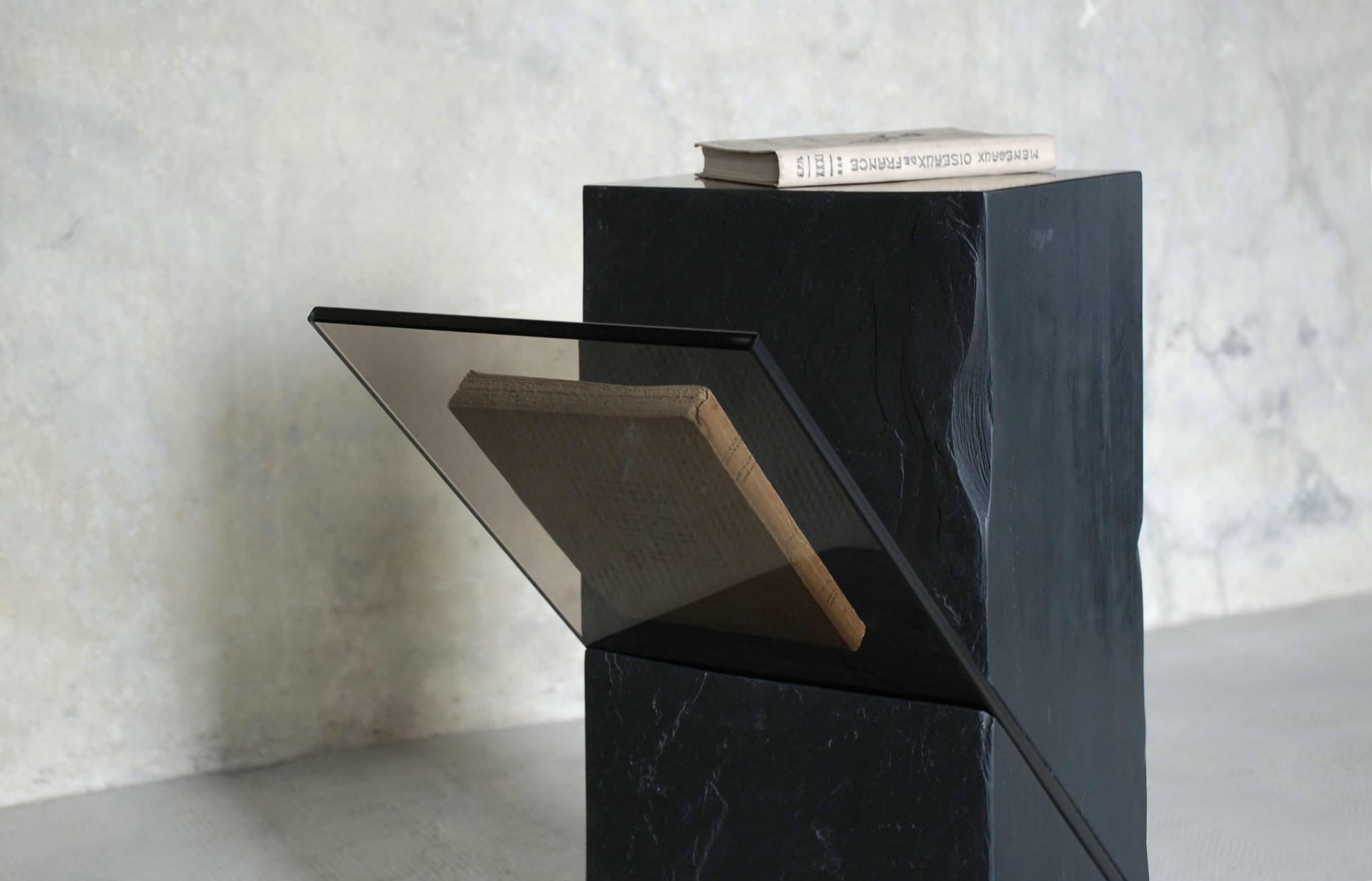 Three dimensional Black Slate Gueridon with Grey Glass Plane by Frederic Saulou 3