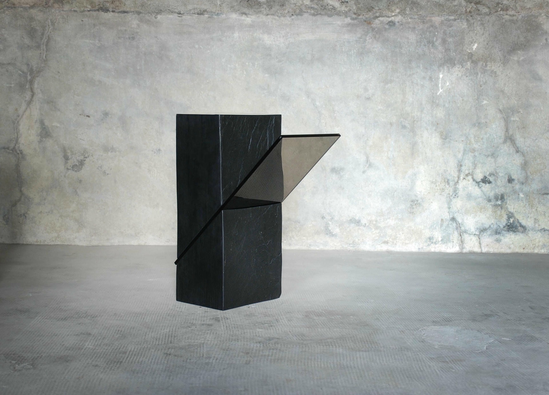 Three dimensional Black Slate Gueridon with Grey Glass Plane by Frederic Saulou 4