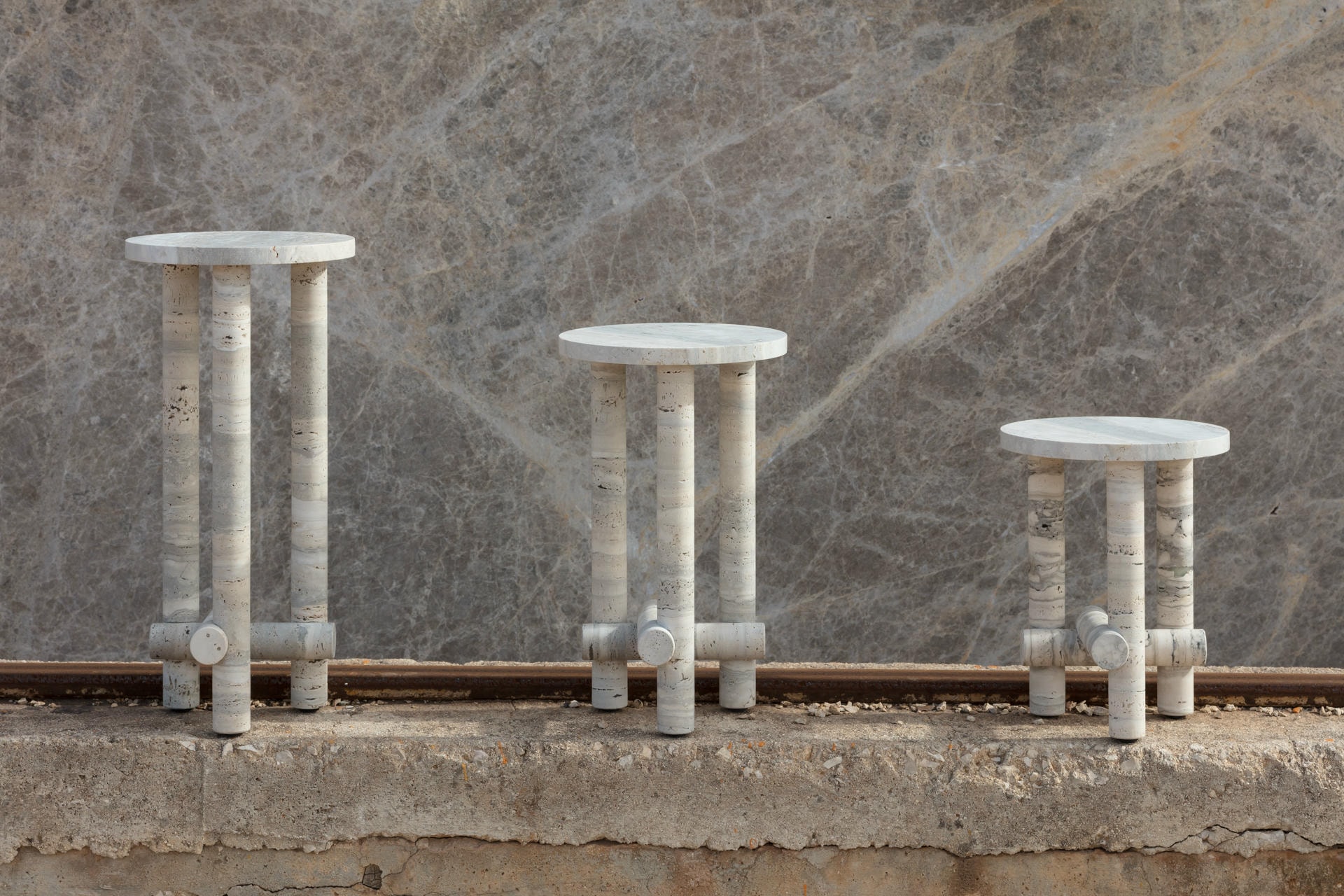 Ensemble of Travertine Side Tables by Clรฉment Brazille 10