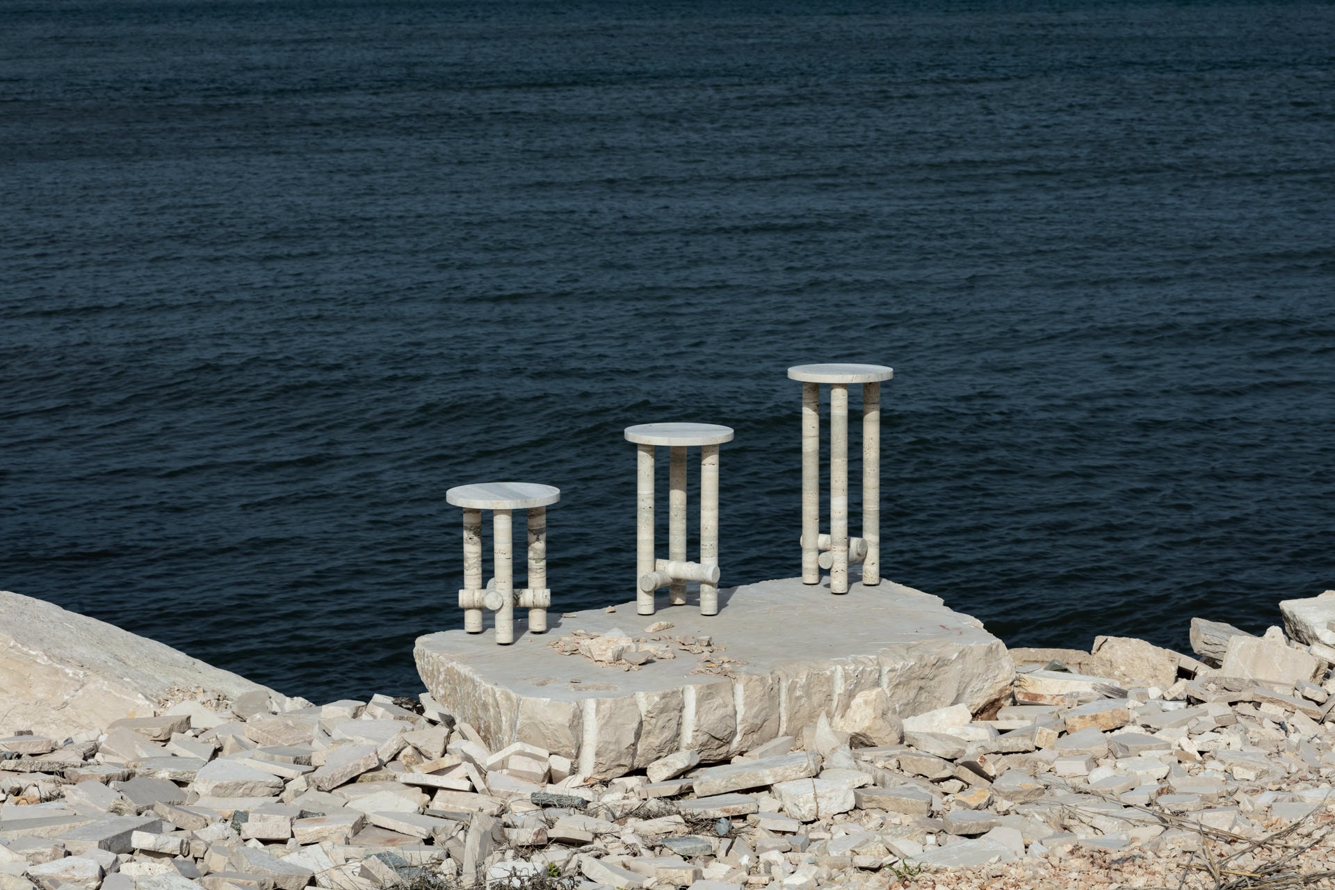 Ensemble of Travertine Side Tables by Clรฉment Brazille 11