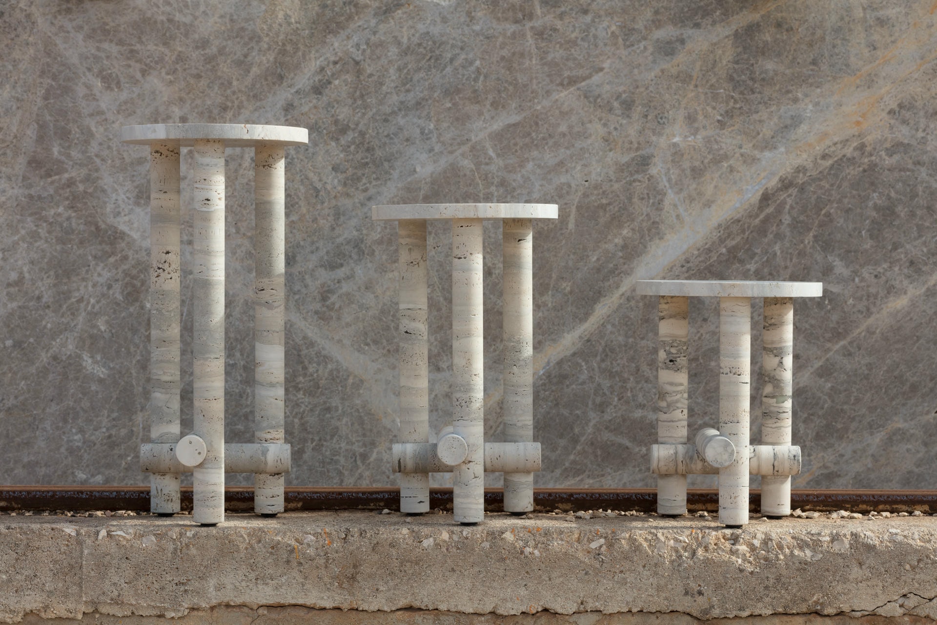 Ensemble of Travertine Side Tables by Clรฉment Brazille 9