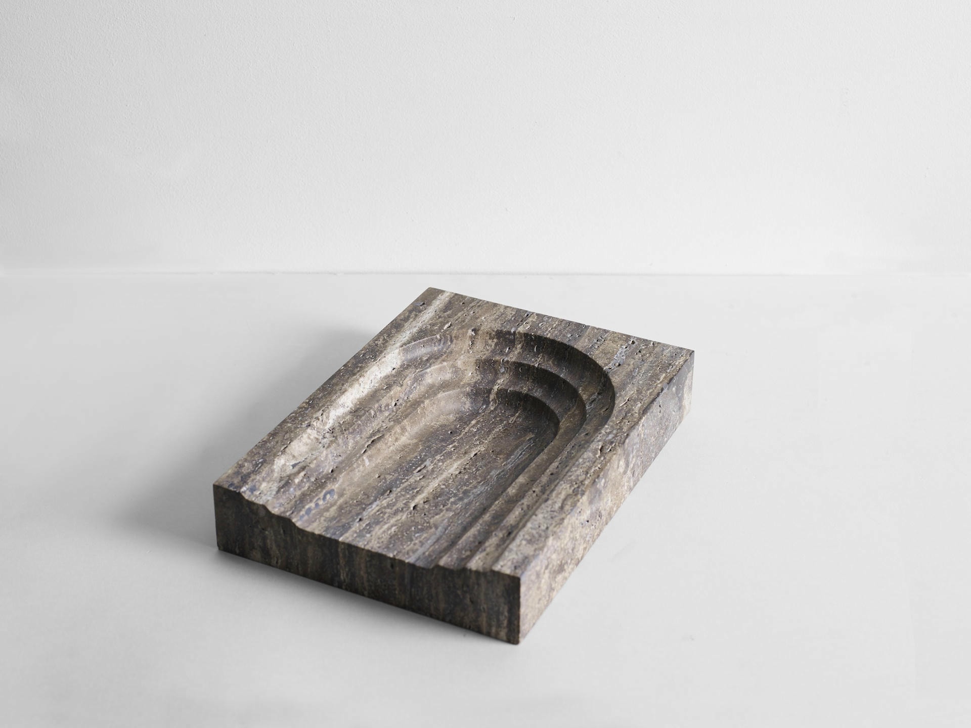 Contemporary Coffee Travertine Block Dish with Arched Details by Henry Wilson 4