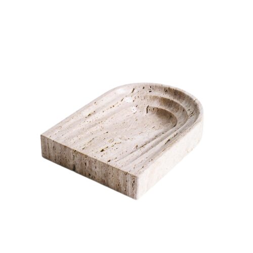 Rounded Off Triangle Natural Beige Travertine Dish by Henry Wilson 1
