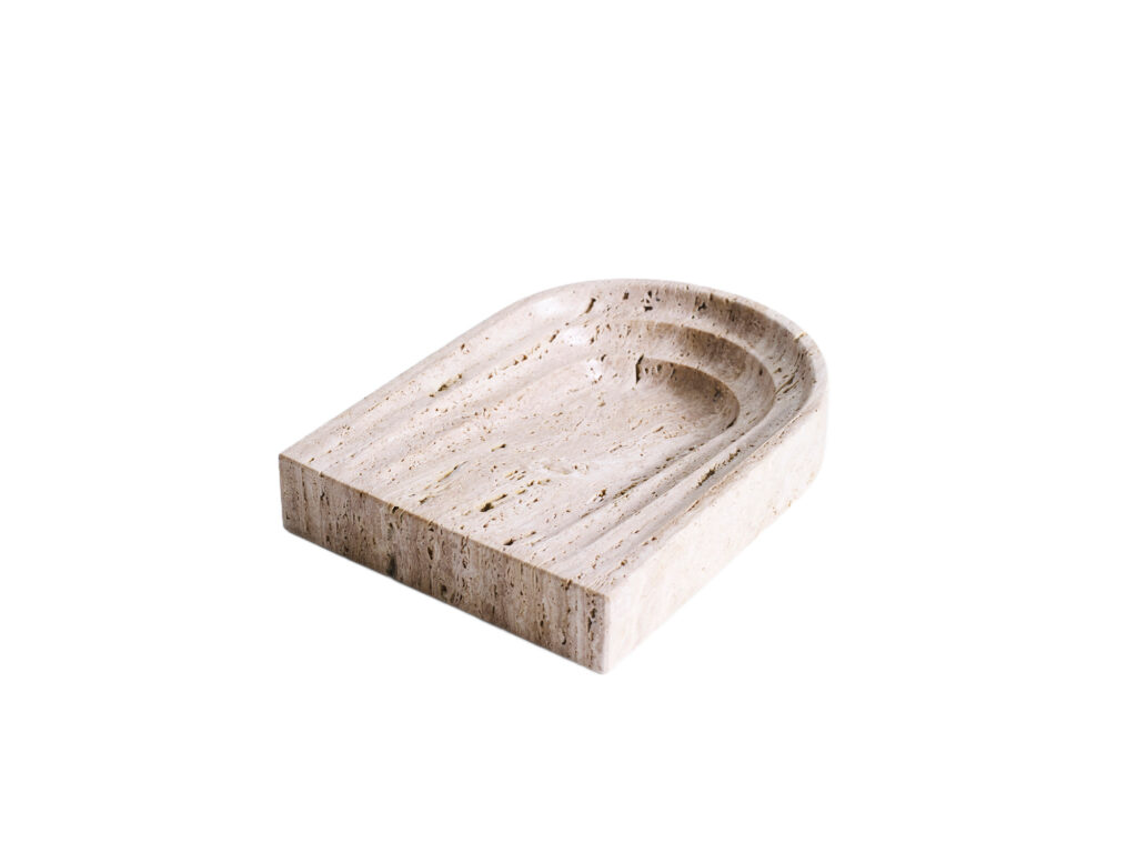Rounded Off Triangle Natural Beige Travertine Dish by Henry Wilson 1