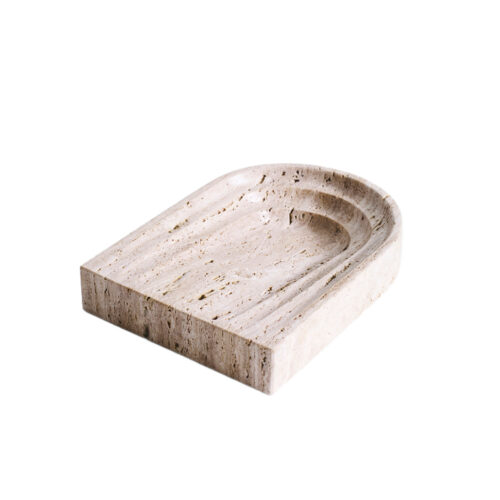 Rounded Off Triangle Natural Beige Travertine Dish by Henry Wilson 1