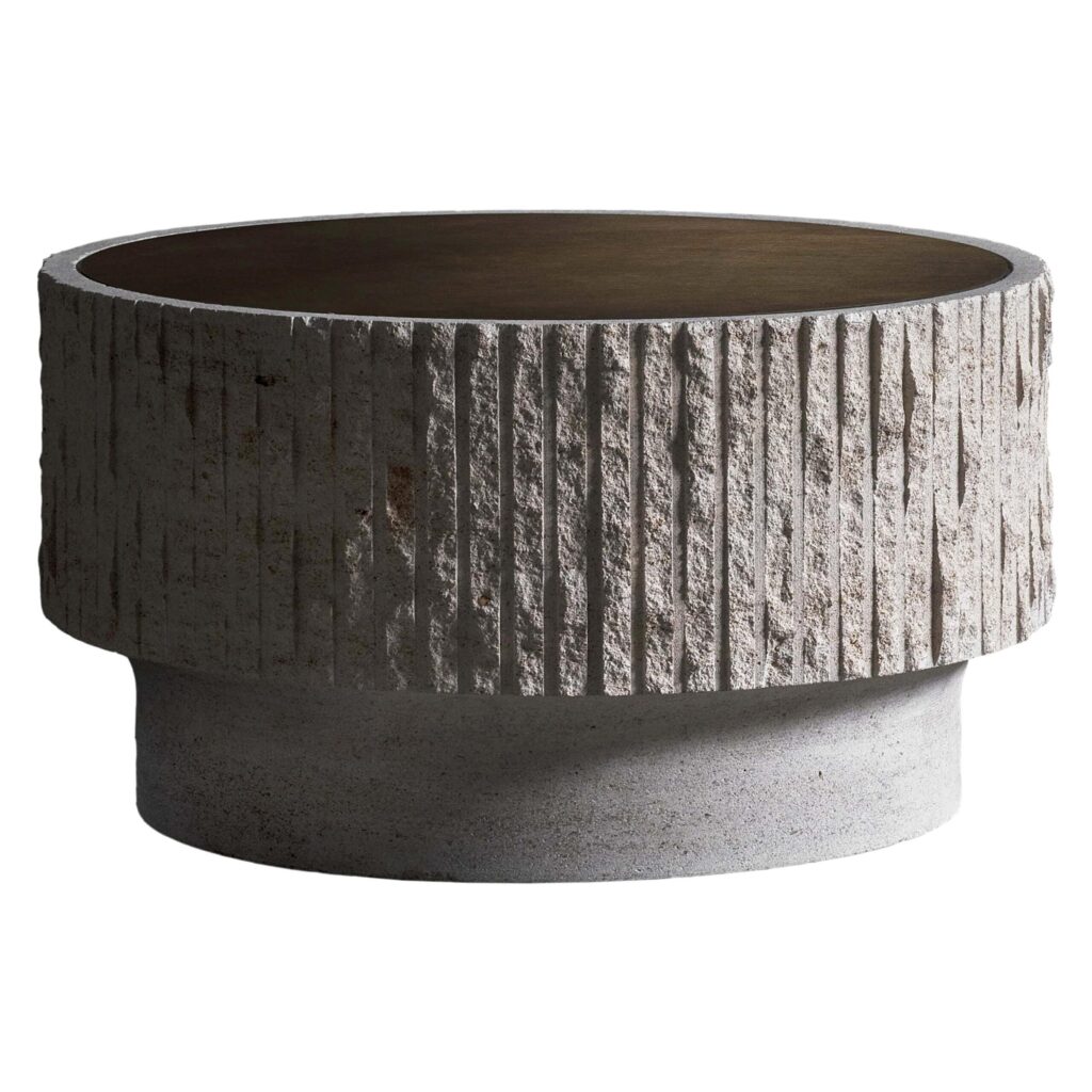 Ambigue, Limestone and Brass Sculpted Coffee Table by Frederic Saulou 1