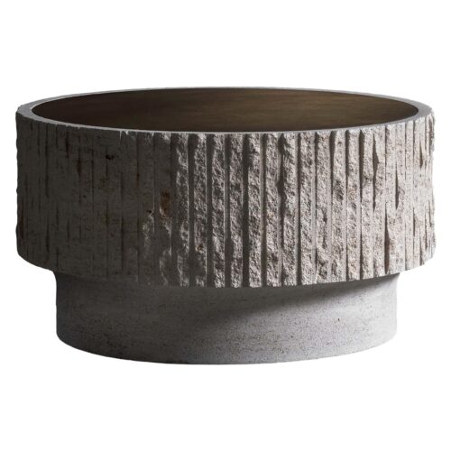 Ambigue, Limestone and Brass Sculpted Coffee Table by Frederic Saulou 1