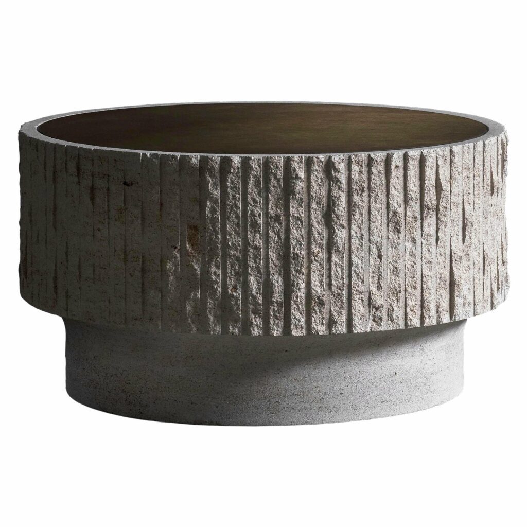 Ambigue, Limestone and Brass Sculpted Coffee Table by Frederic Saulou 1