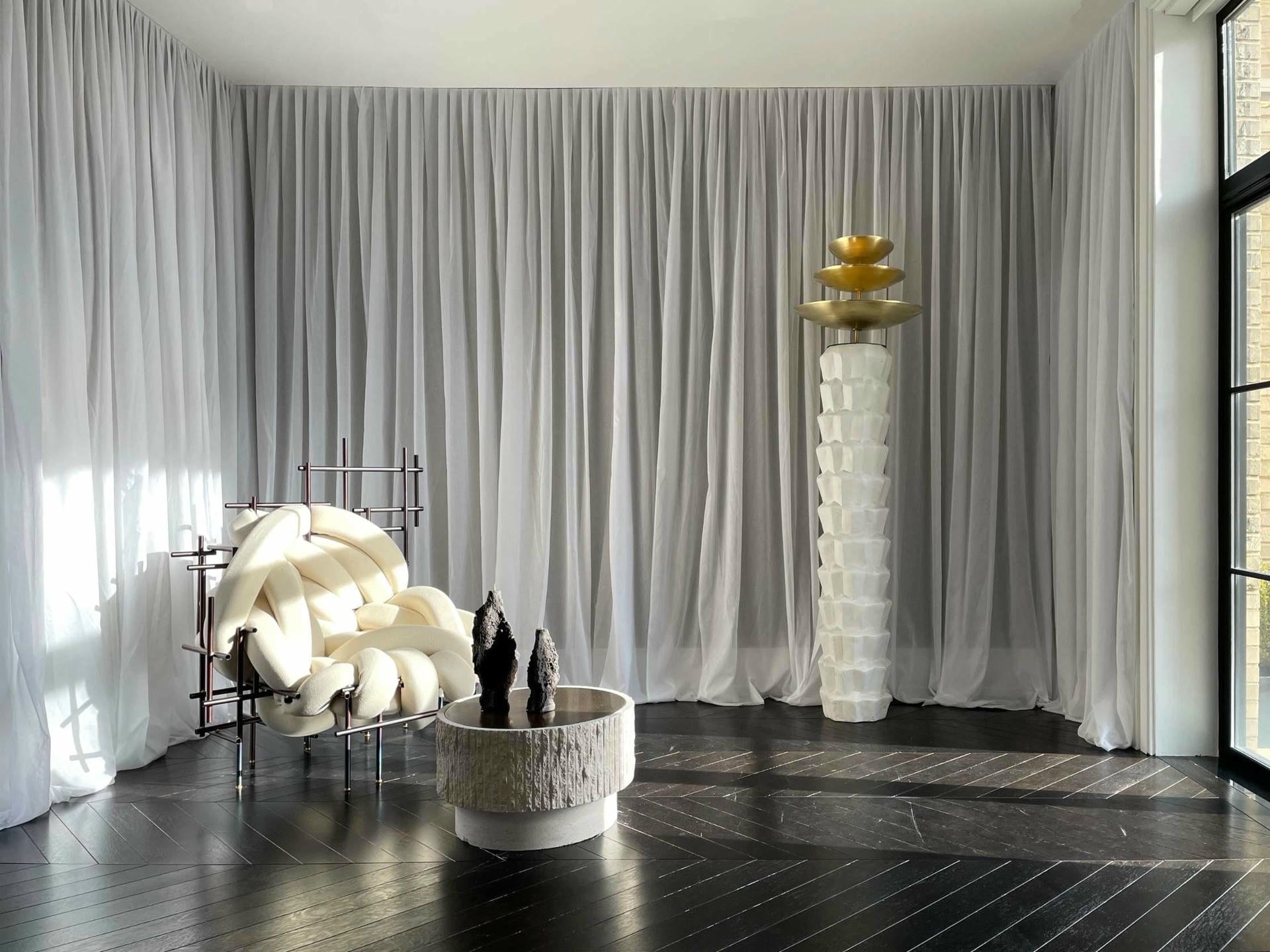 Ambigue, Limestone and Brass Sculpted Coffee Table by Frederic Saulou 4