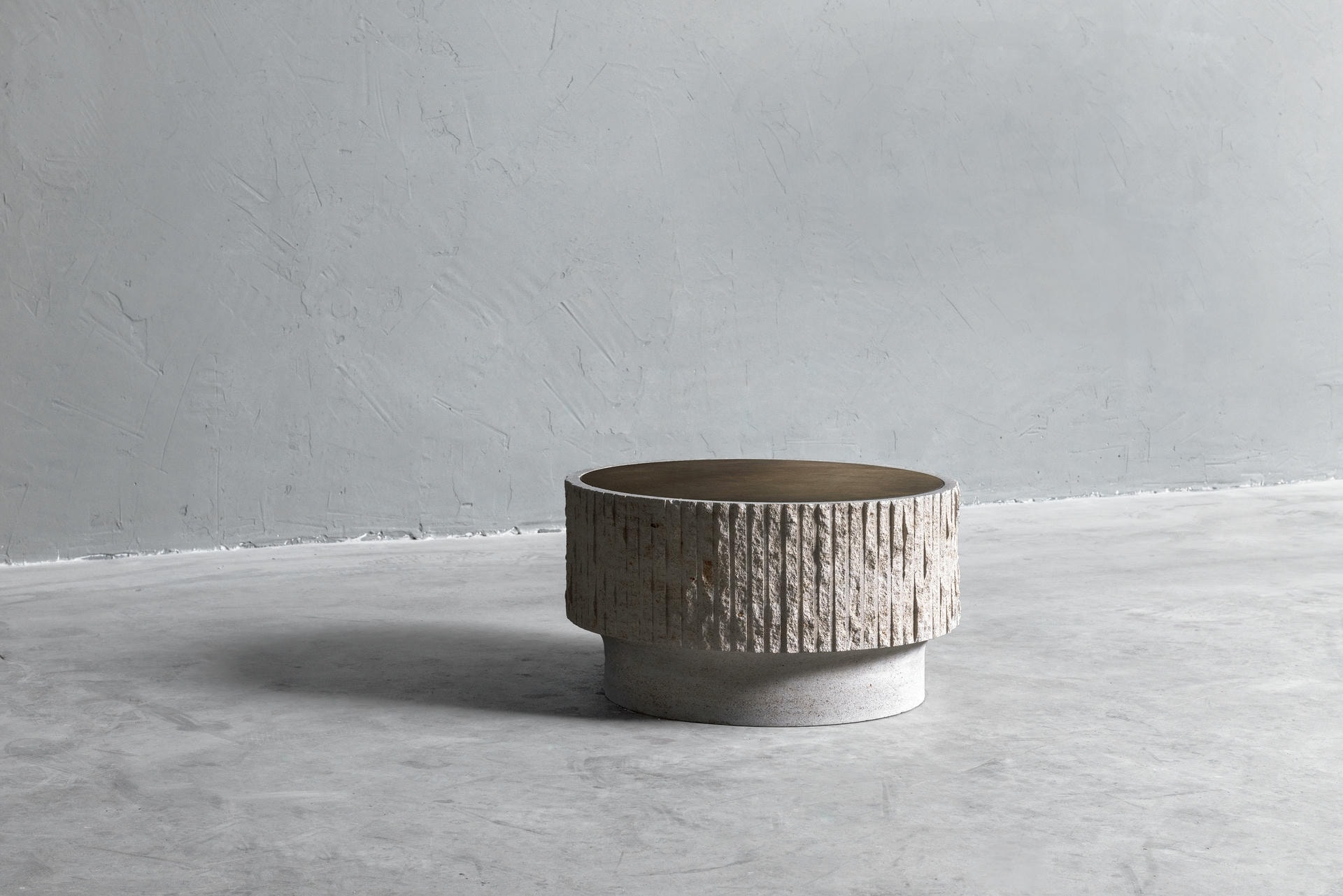Ambigue, Limestone and Brass Sculpted Coffee Table by Frederic Saulou 5