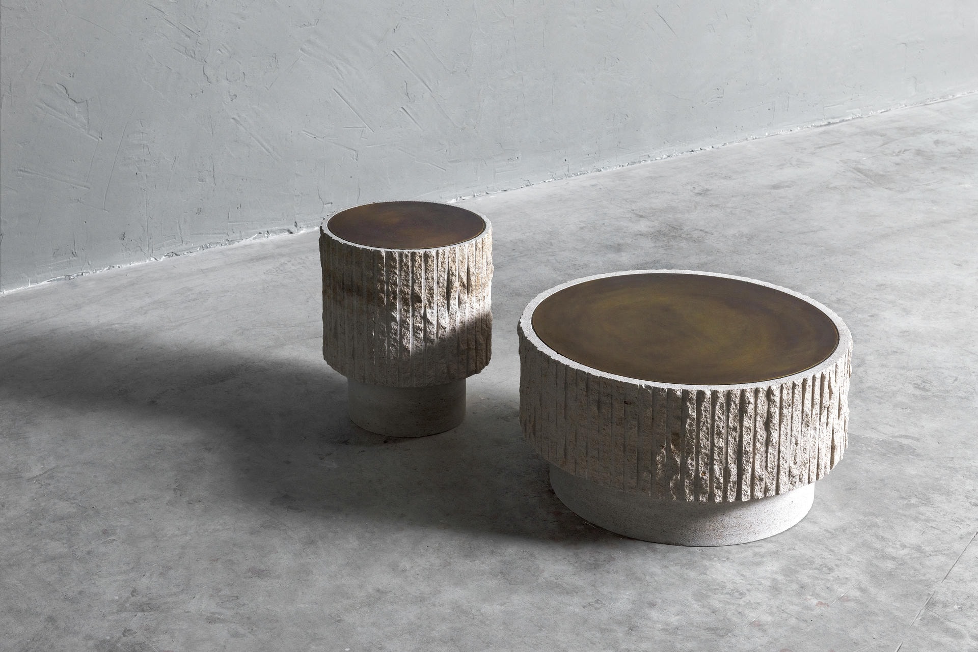 Ambigue, Limestone and Brass Sculpted Coffee Table by Frederic Saulou 7