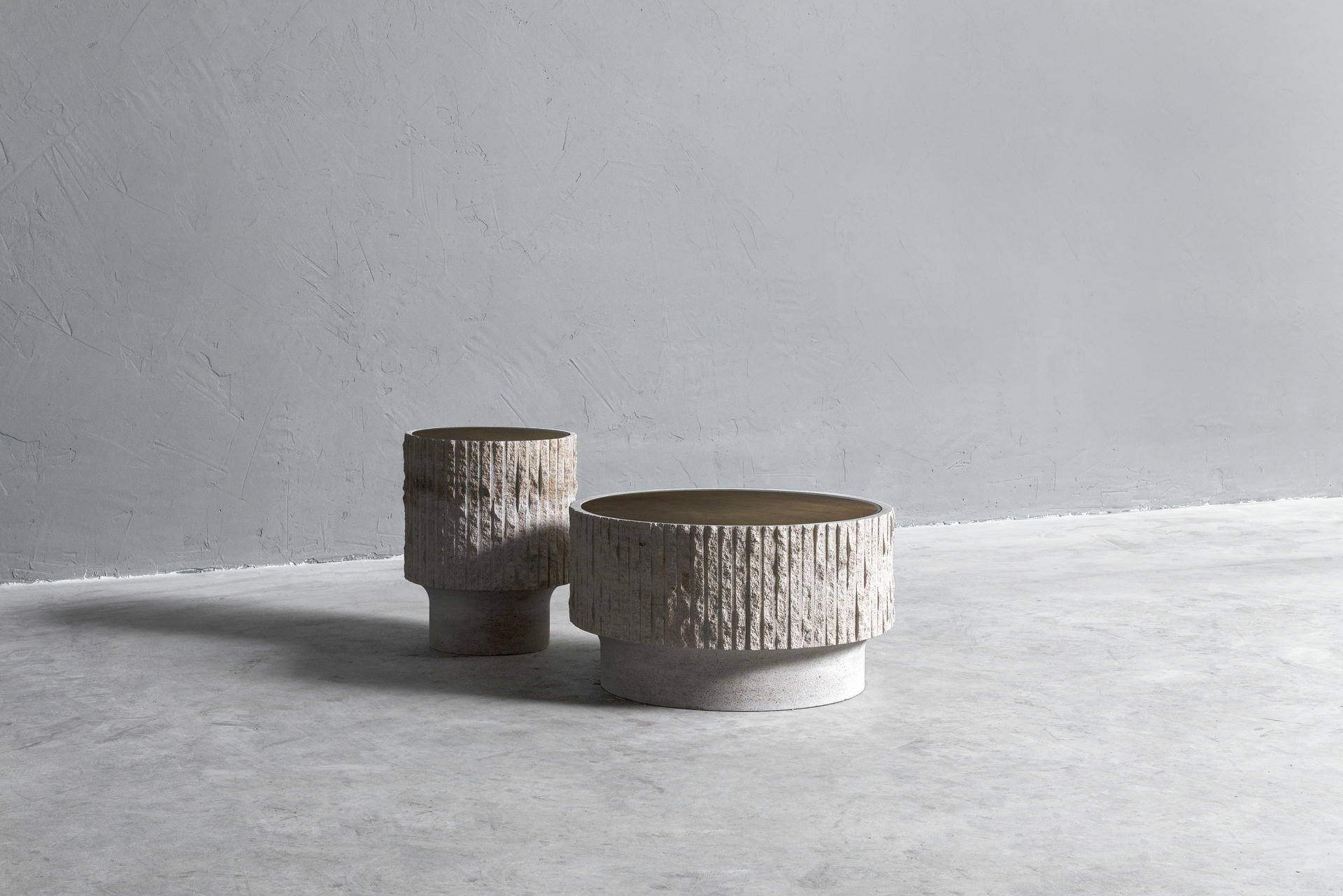 Ambigue, Limestone and Brass Sculpted Coffee Table by Frederic Saulou 8