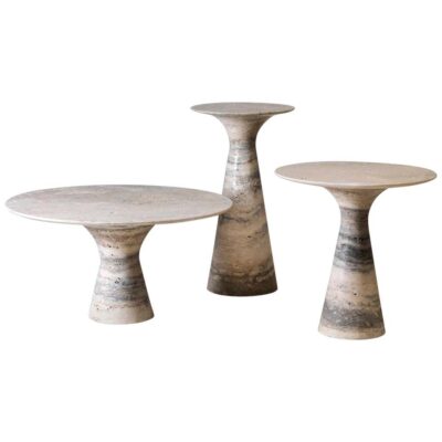 Refined Set of 3 Travertino Silver Contemporary Marble Side Tables