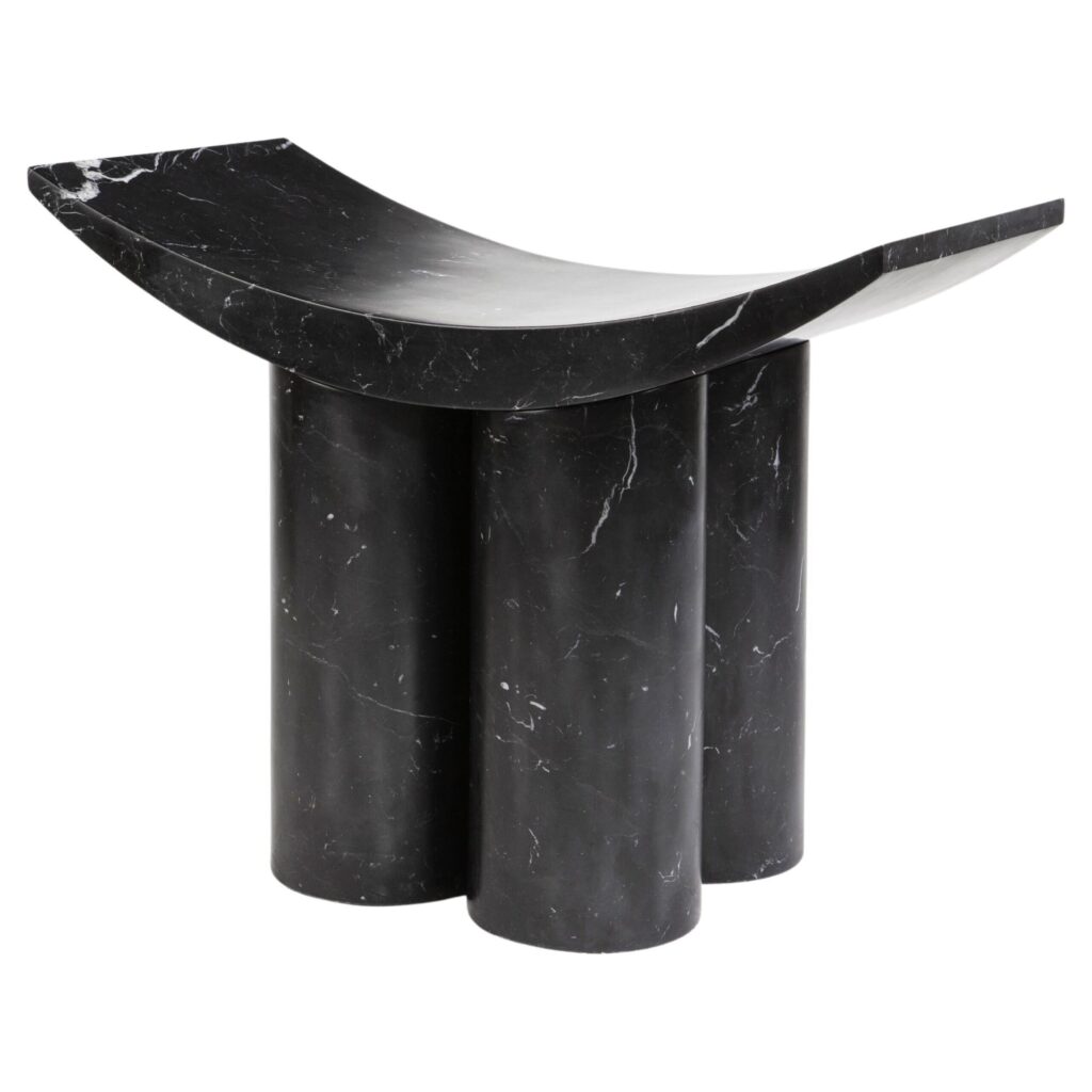 Curved Seat Three Cylindrical Legs Black Marble Stool by Pietro Franceschini
